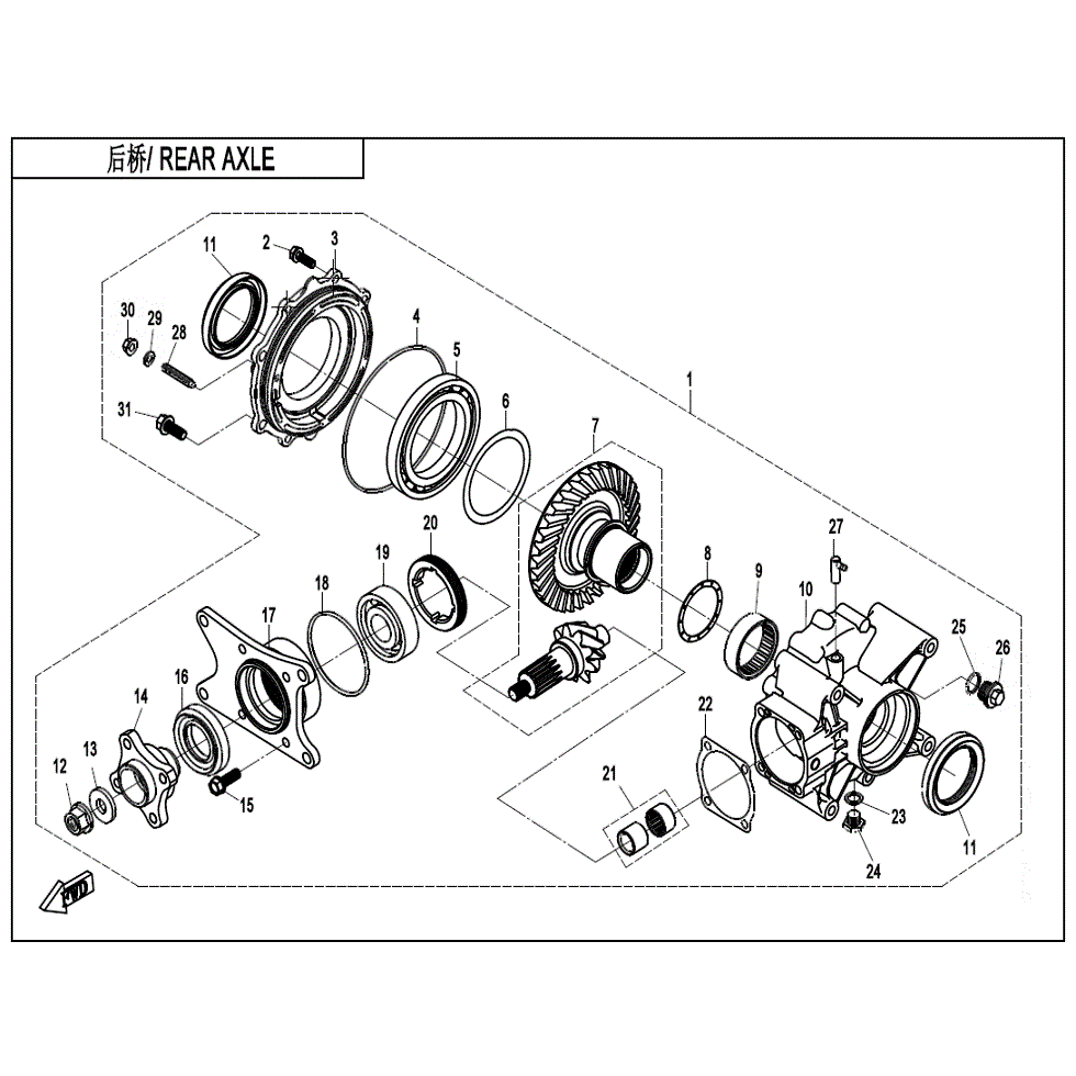An Image of a genuine CFMOTO Parts Schematic Diagram showing the group - REAR AXLE - 2022 CFMOTO CFORCE 500 S
