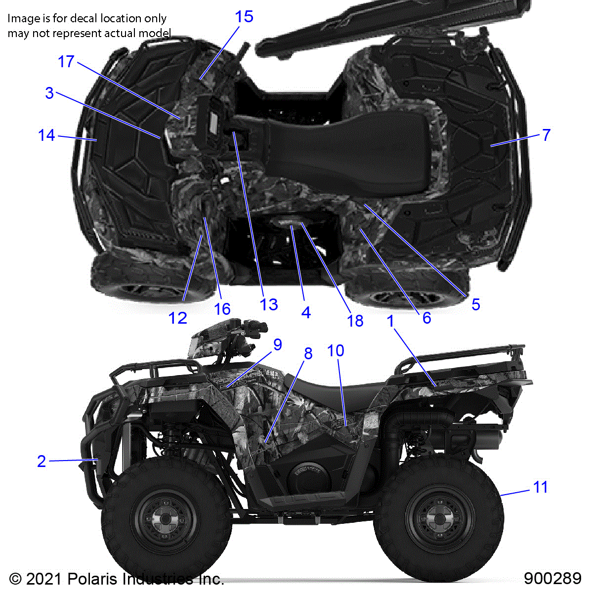 An Image of a Genuine Polaris Parts Schematic Diagram showing the schematic - BODY: DECALS - 2021 POLARIS SPORTSMAN 570 HUNTER EDITION