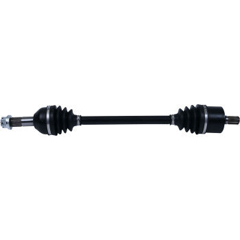 The Can-Am Maverick / Commander Axle Kit Complete 8 Ball Extreme Duty Rear Left & Right by All Balls features a black chromoly shaft with rubber boots, precision ball bearings in the joints, and a sturdy center rod, isolated on white.