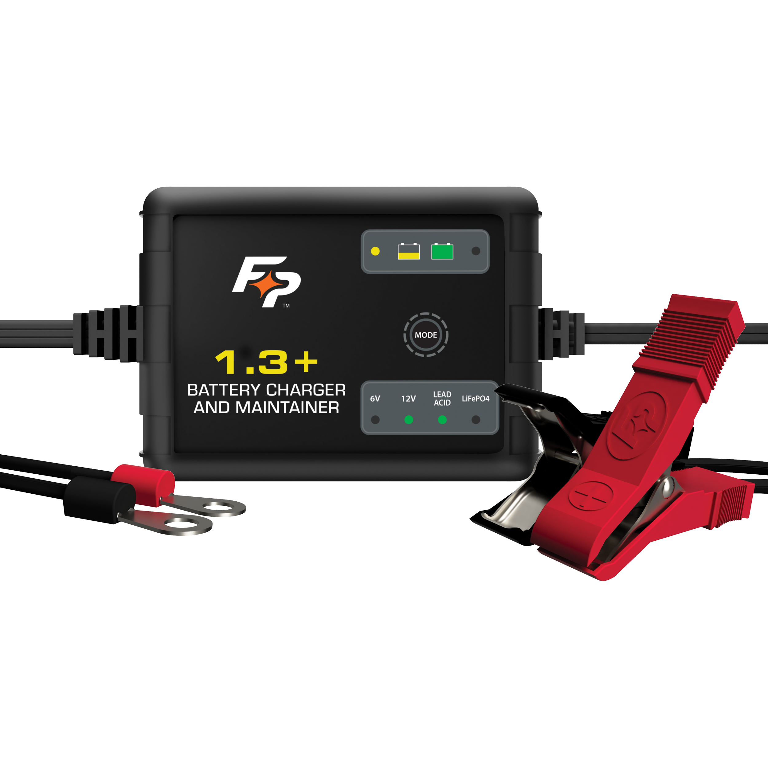 The Fire Power Battery Charger 6V/12V 1.3A is a black automatic charger and maintainer with indicator lights, buttons, and red/black clamps, compatible with 6V & 12V lead-acid or lithium-ion batteries.