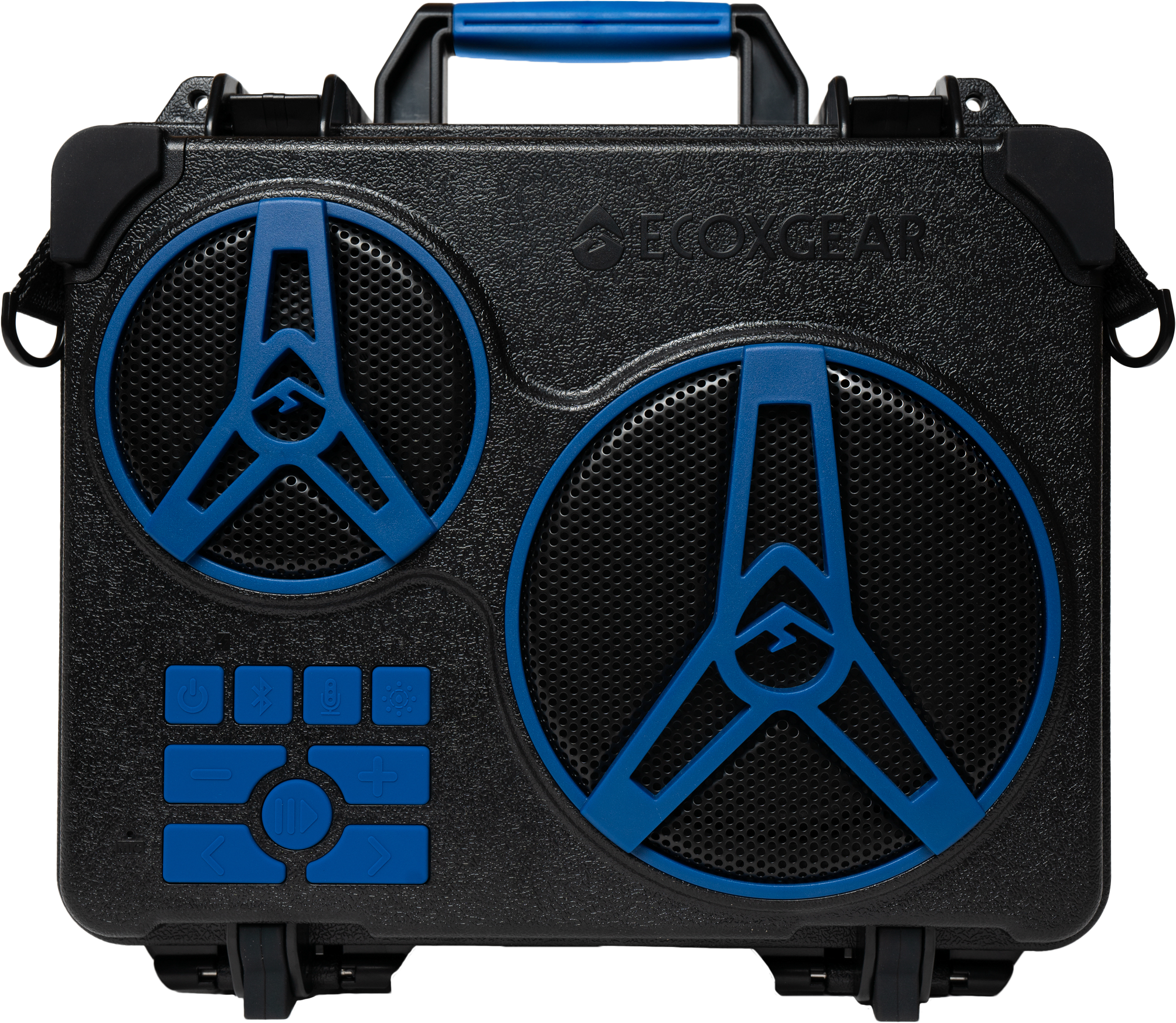The Ecojourney Blue by EcoXGear is a portable black speaker case with two large round blue speaker grills, blue control buttons on the front, a blue top handle, and the ECOXGEAR logo embossed above the speakers.