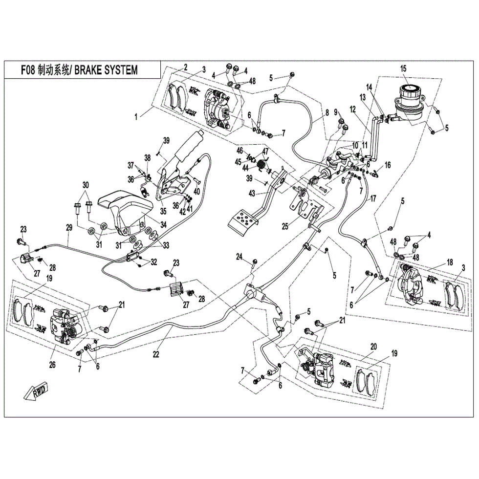 An Image of a Genuine CFMOTO Parts Schematic Diagram showing the schematic - BRAKE SYSTEM - 2022 CFMOTO ZFORCE 800 Trail