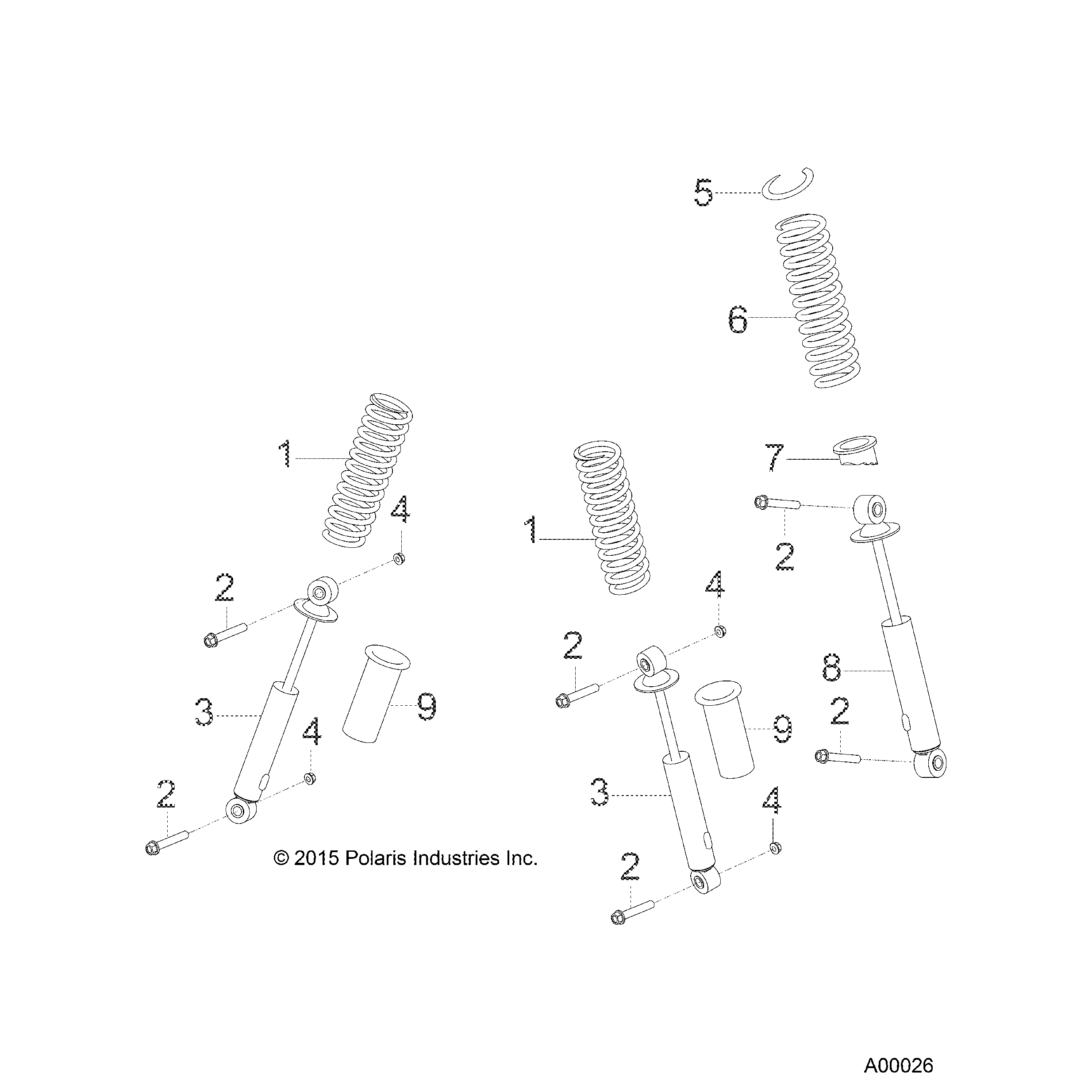 An Image of a Genuine Polaris Parts Schematic Diagram showing the schematic - SUSPENSION: SHOCKS - 2017 POLARIS OUTLAW 50