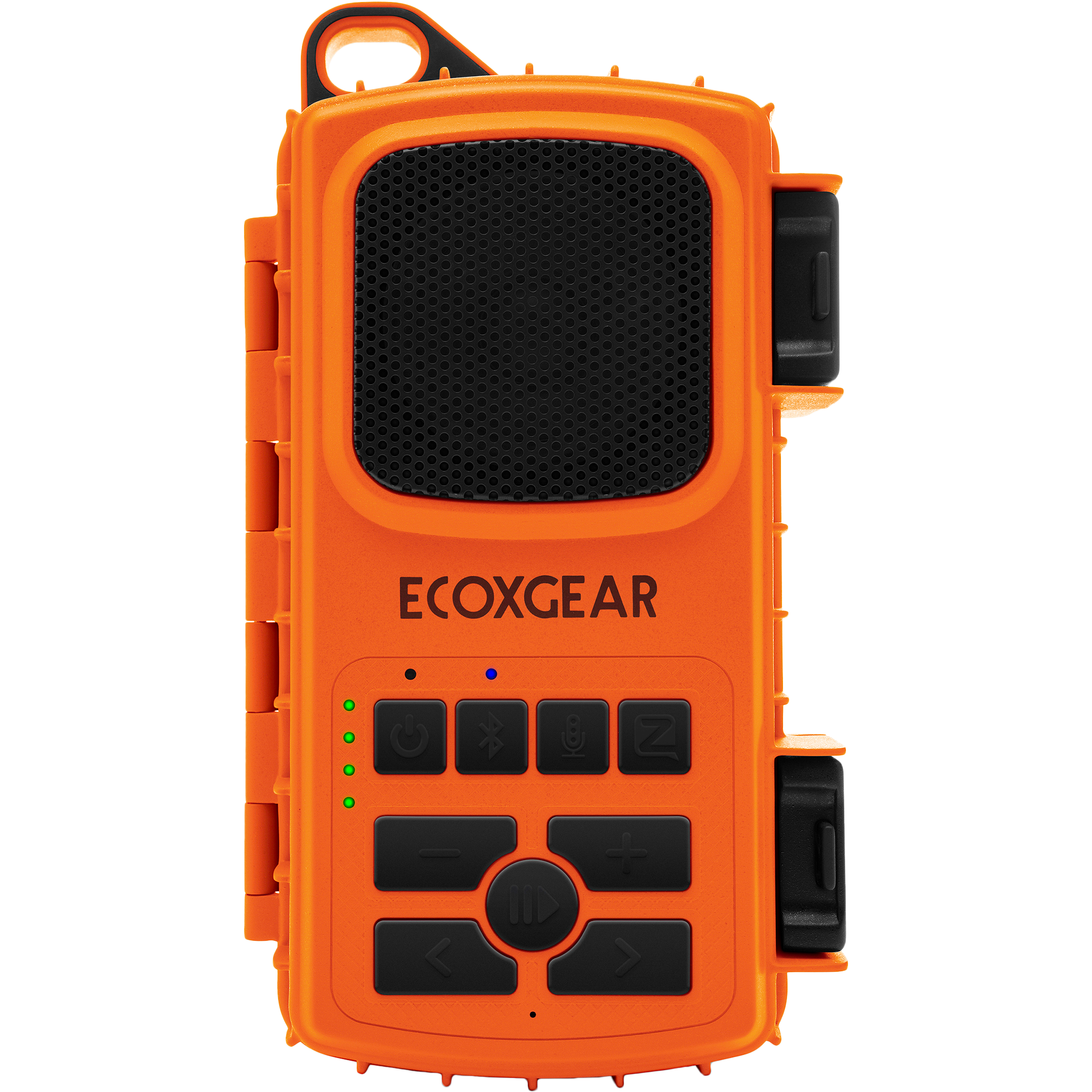The EcoXGear Ecoextreme 2 Orange is a rugged portable speaker and radio featuring black buttons, a speaker grill, indicator lights, and side clips—ideal for outdoor use.