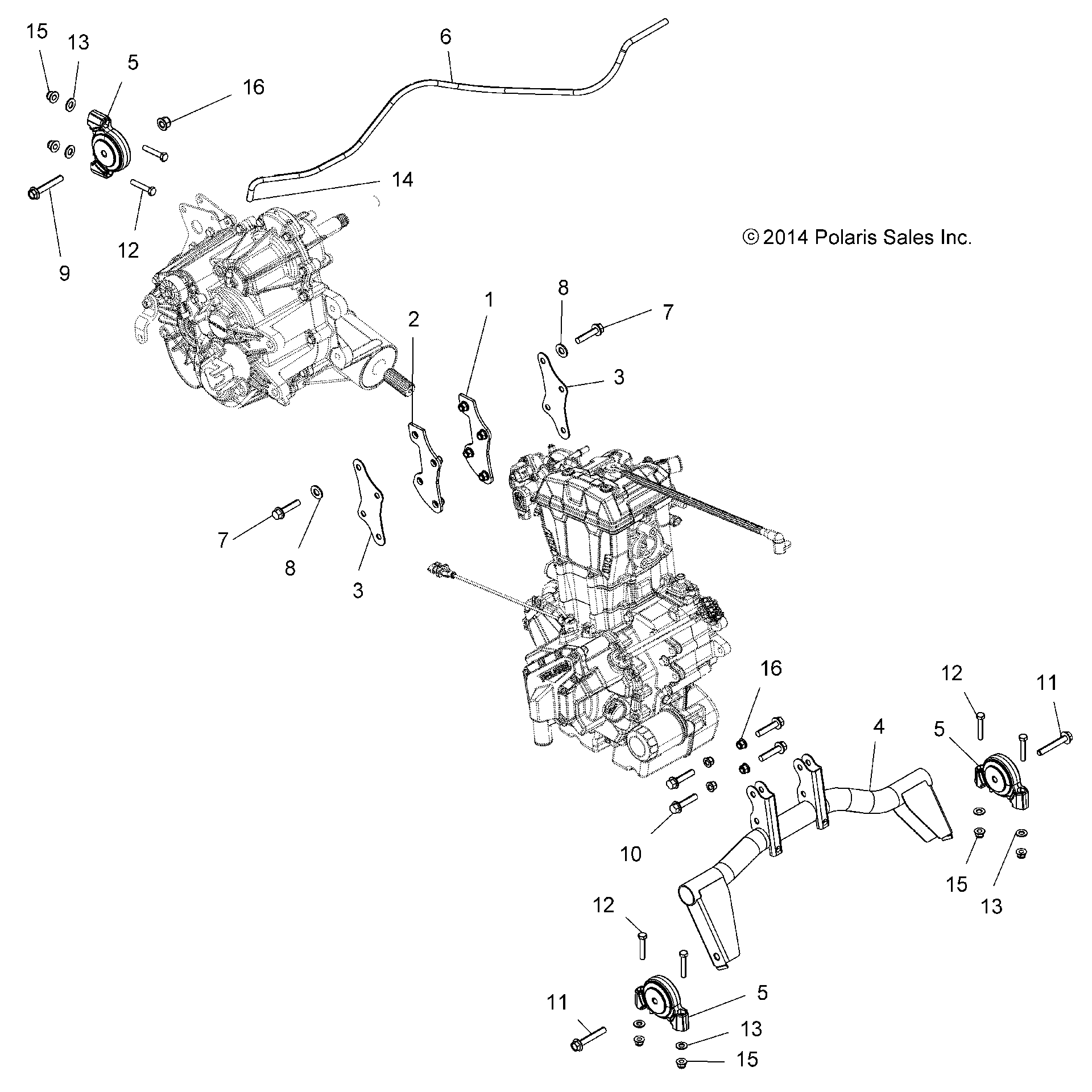 An Image of a Genuine Polaris Parts Schematic Diagram showing the schematic - ENGINE: TRANSMISSION MOUNTING & LONG BLOCK - 2015 POLARIS SPORTSMAN ACE 570 EFI