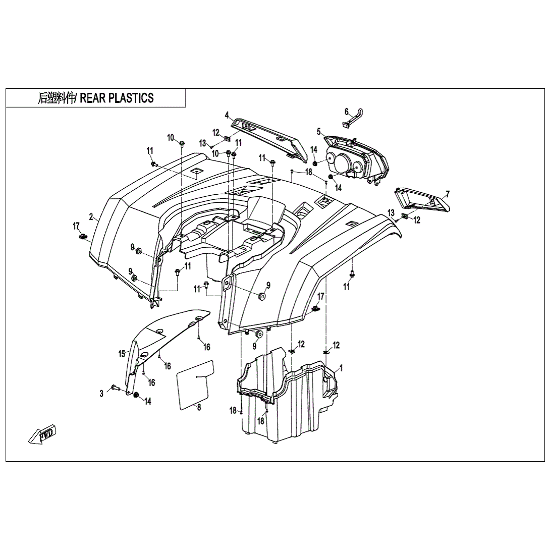 An Image of a genuine CFMOTO Parts Schematic Diagram showing the group - REAR PLASTICS - 2020 CFMOTO CFORCE 400