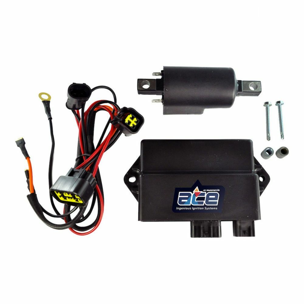 Black rectangular CDI box with blue and white ACE logo, black cylindrical component, wiring harness with connectors, and.
