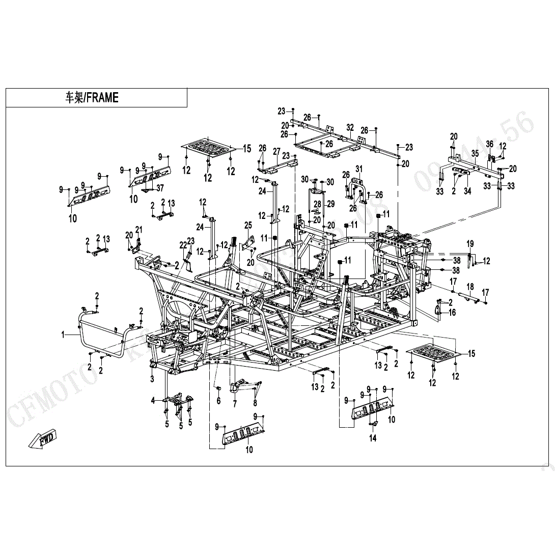 An Image of a Genuine CFMOTO Parts Schematic Diagram showing the schematic - FRAME - 2025 CFMOTO UFORCE 1000 XL