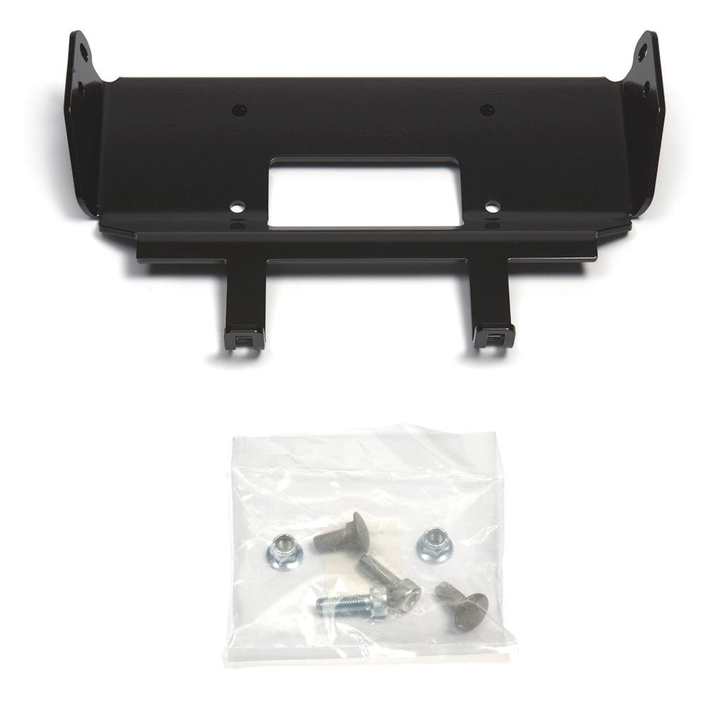 The Honda Pioneer 1000 SXS (2016-2022) Winch Mounting Kit by Warn features a black metal bracket with a rectangular cutout and includes screws and nuts in a clear plastic bag, displayed on a white background.