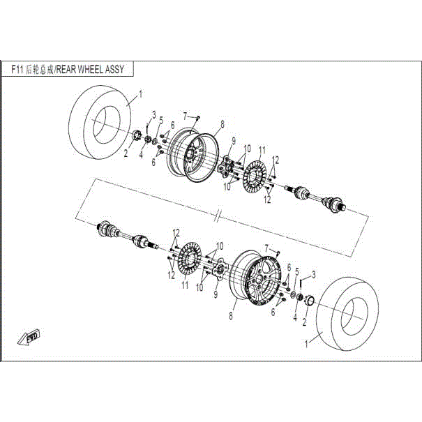 An Image of a genuine CFMOTO Parts Schematic Diagram showing the group - REAR WHEEL ASSY - 2015 CFMOTO CFORCE 800 X8