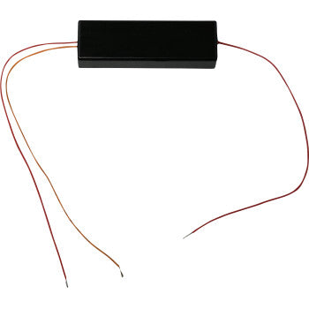 A black rectangular TruFLEX® II Converter 40 LED by Custom Dynamics with three thin wires—red, orange, and brown—extending from one side; ideal for electrical projects and compatible with separately sold converters.