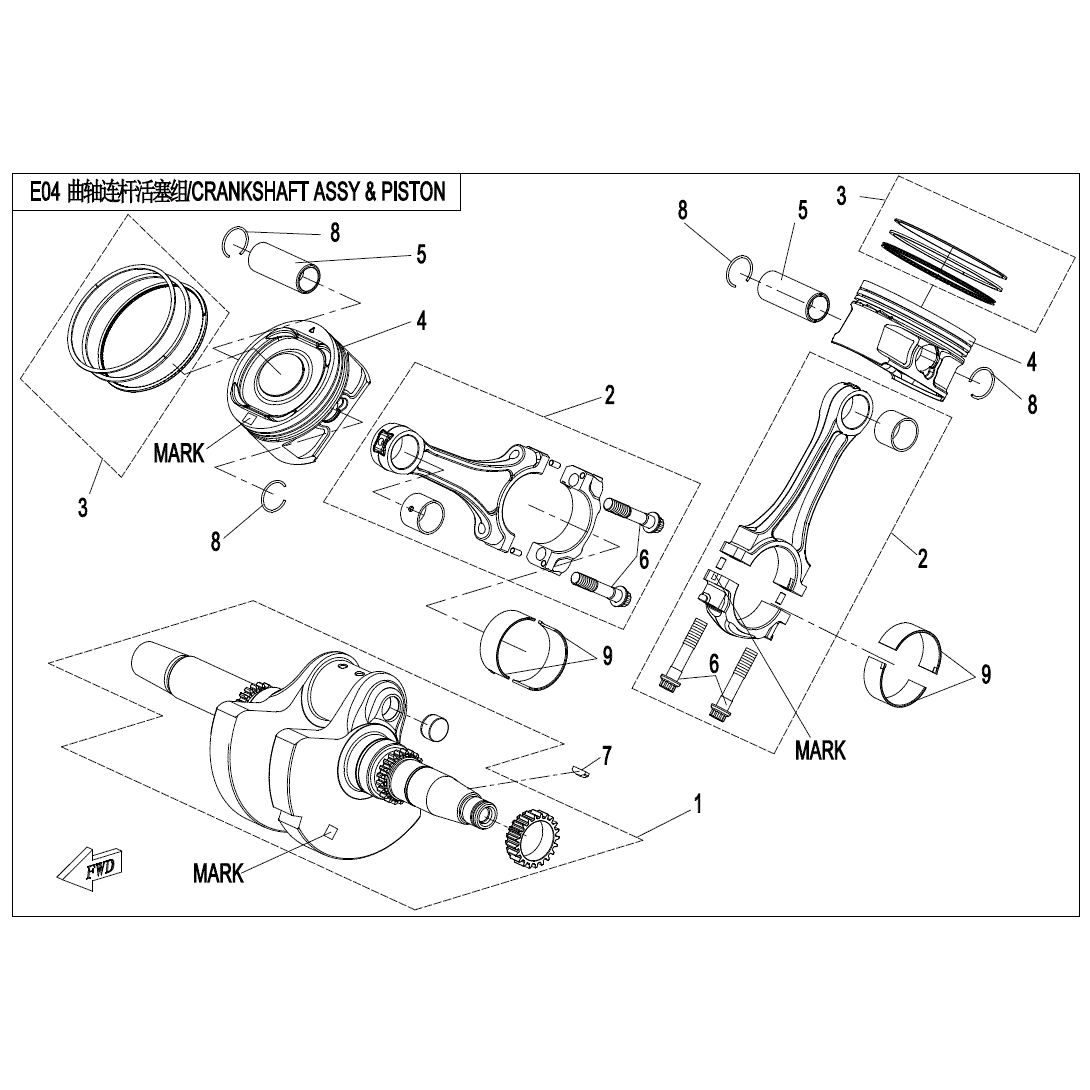 An Image of a Genuine CFMOTO Parts Schematic Diagram showing the schematic - CRANKSHAFT & CONNECTING ROD & PISTON ASSY - 2020 CFMOTO ZFORCE 950 Sport