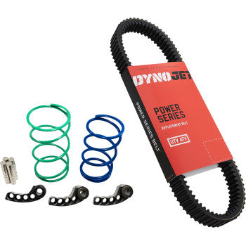 Black reinforced rubber drive belt with red Dynojet Power Series label, two green and two blue coil springs, three black.