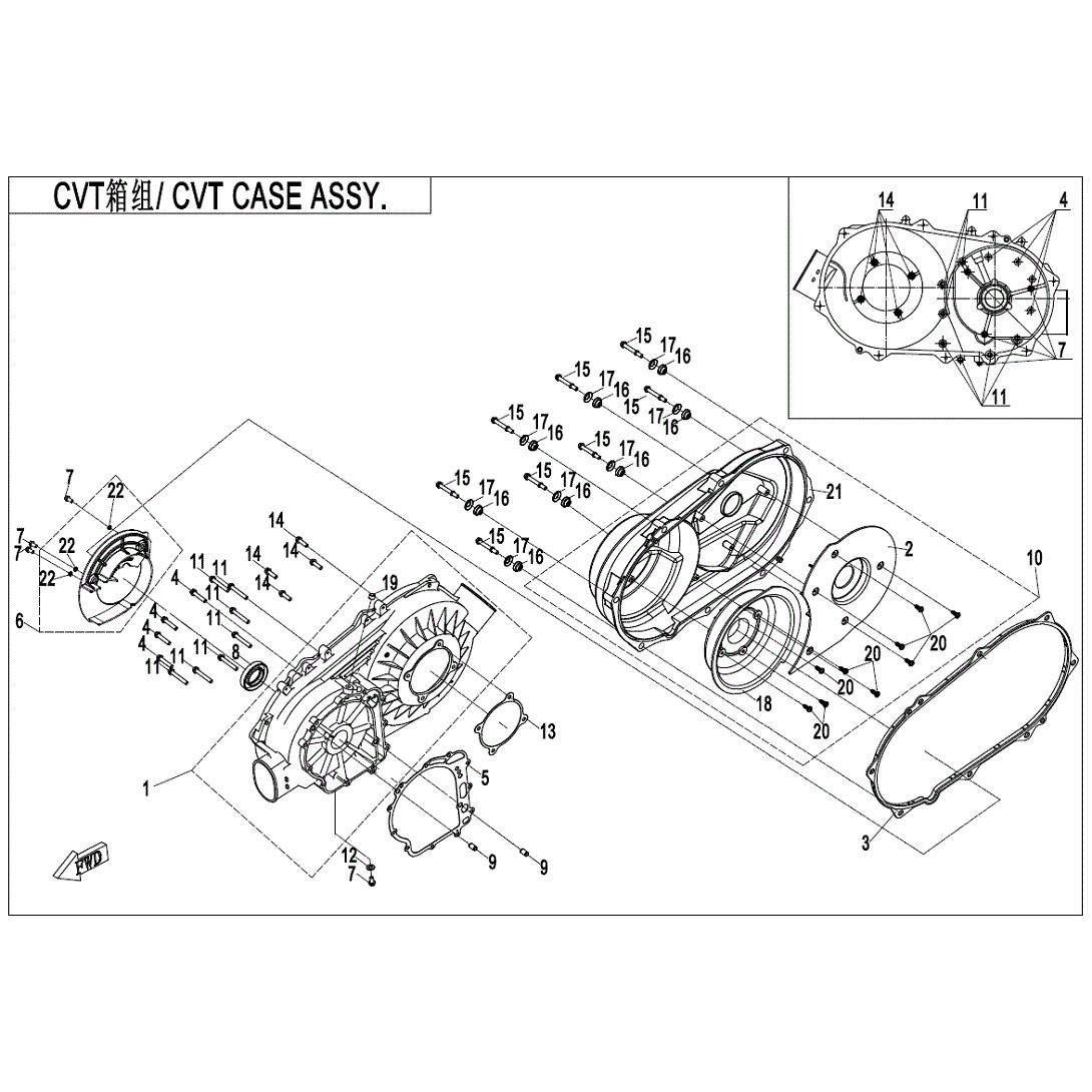 An Image of a Genuine CFMOTO Parts Schematic Diagram showing the schematic - CVT CASE ASSY. - 2020 CFMOTO UFORCE 500