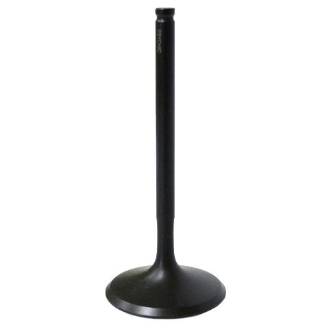 A single Bronco Kawasaki KFX 450R Intake Valve, black with a slim stem and wide flat base, stands vertically against a white background—engineered for optimal engine performance.