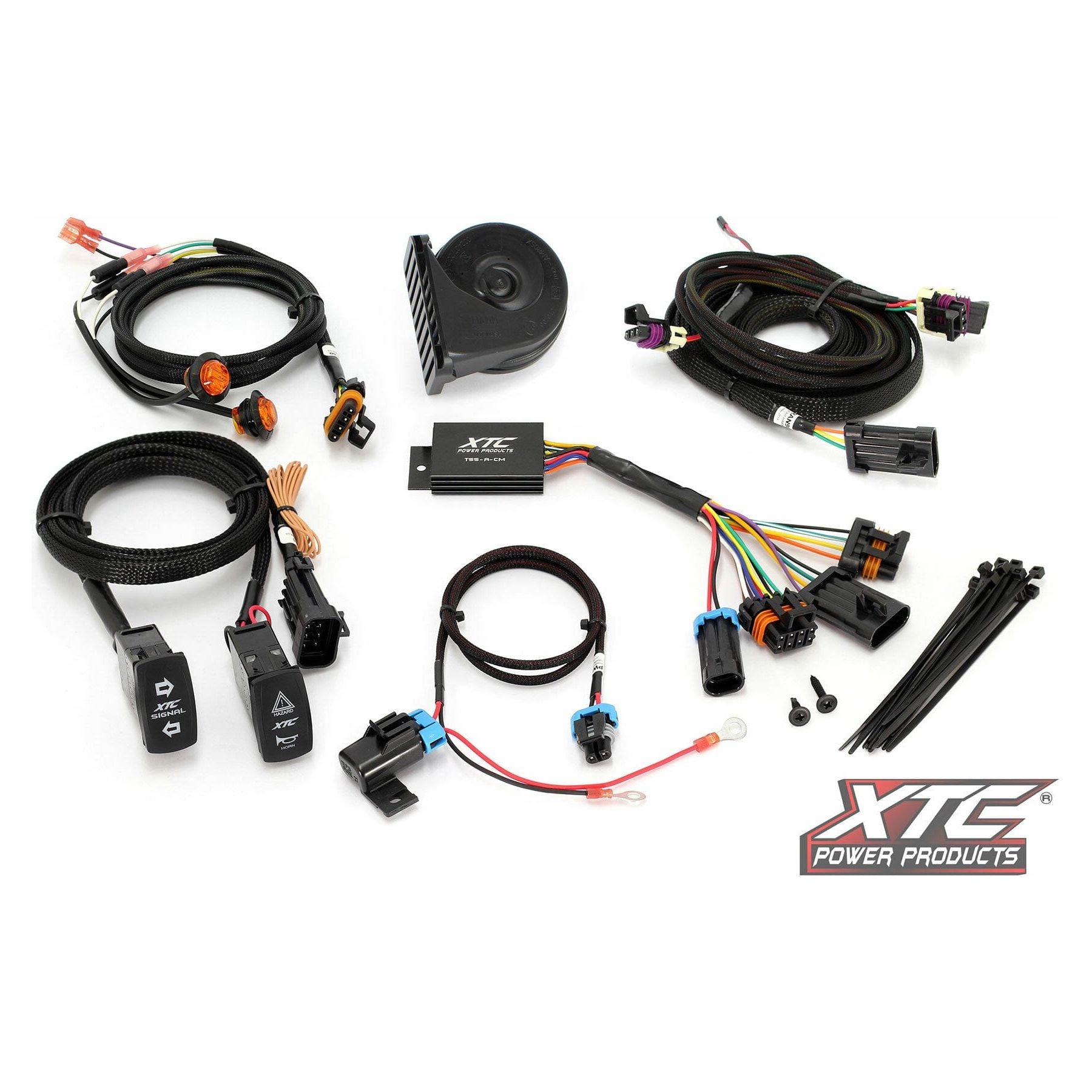 A Self Canceling Turn Signal Kit Pol by XTC Power with wiring harnesses, connectors, switches, Plug and Play parts, horn, zip ties, fuses, and mounting hardware on a white background. XTC Power Products logo is at the bottom right.