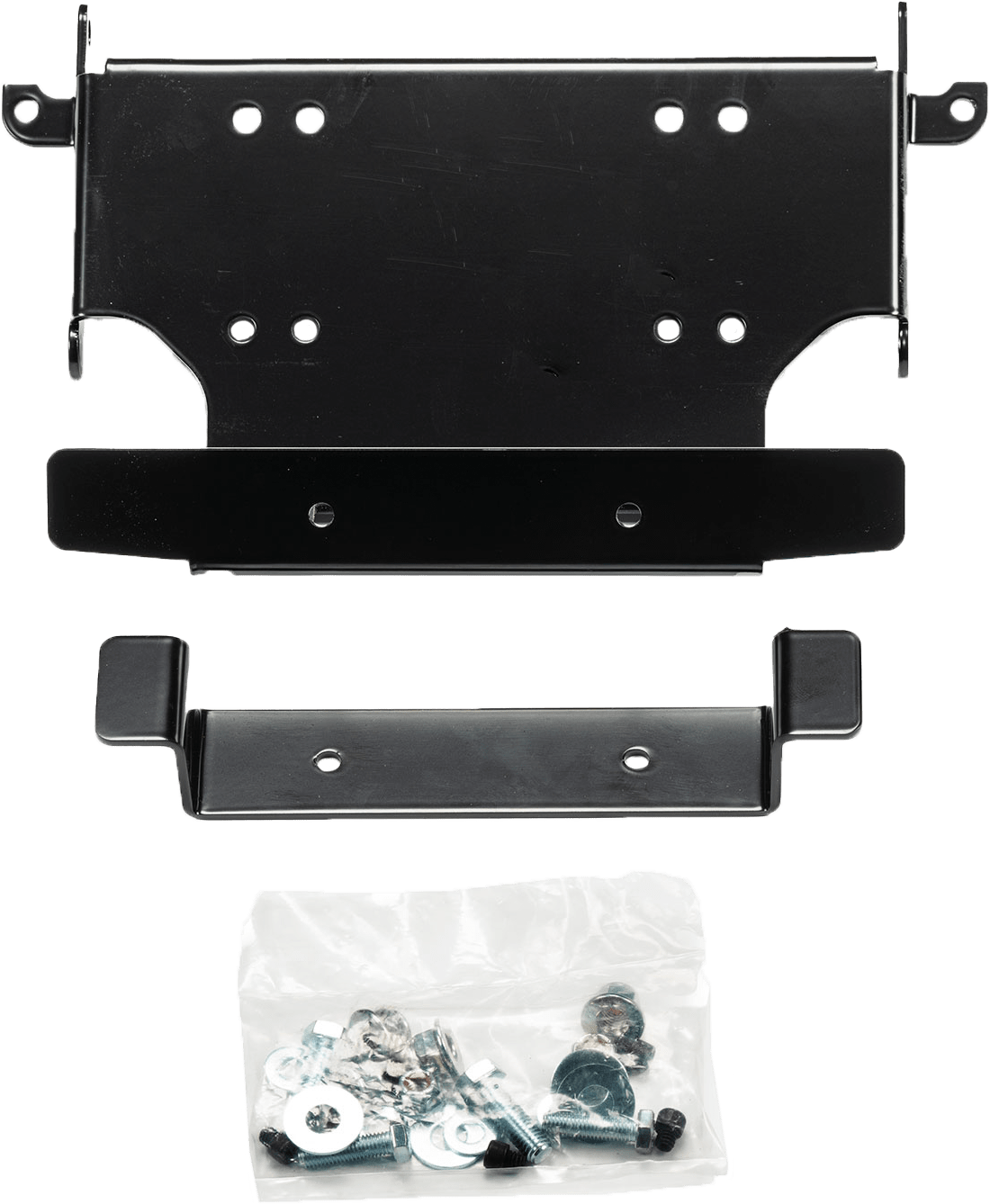 The Honda Talon 1000 (2022-2023) Winch Mounting Kit by Warn includes two metal brackets and a clear bag with screws, washers, and hardware on a white background, all designed for corrosion resistance and lasting durability.