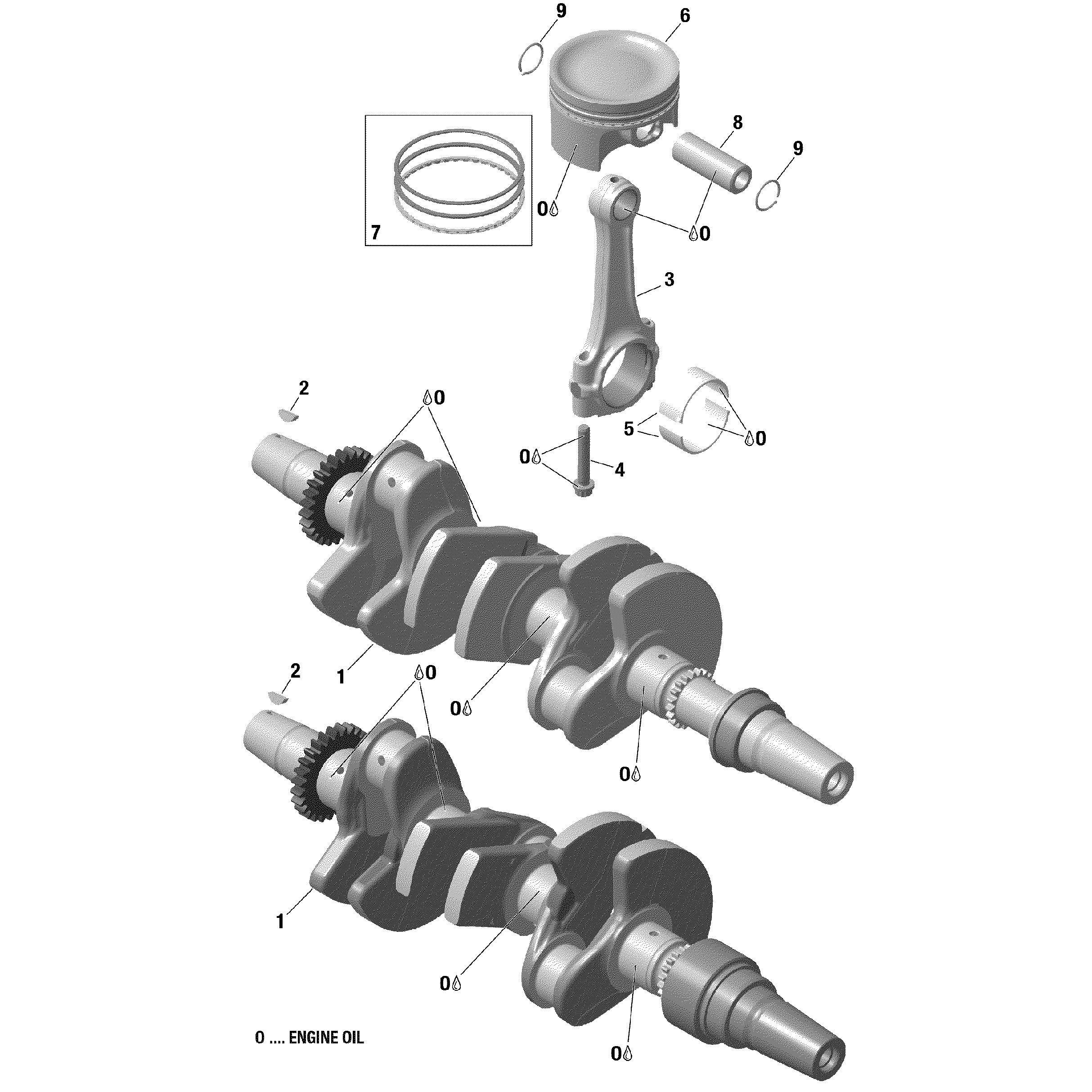 An Image of a Genuine Can-Am Parts Schematic Diagram showing the schematic - CRANKSHAFT AND PISTONS 900 HO