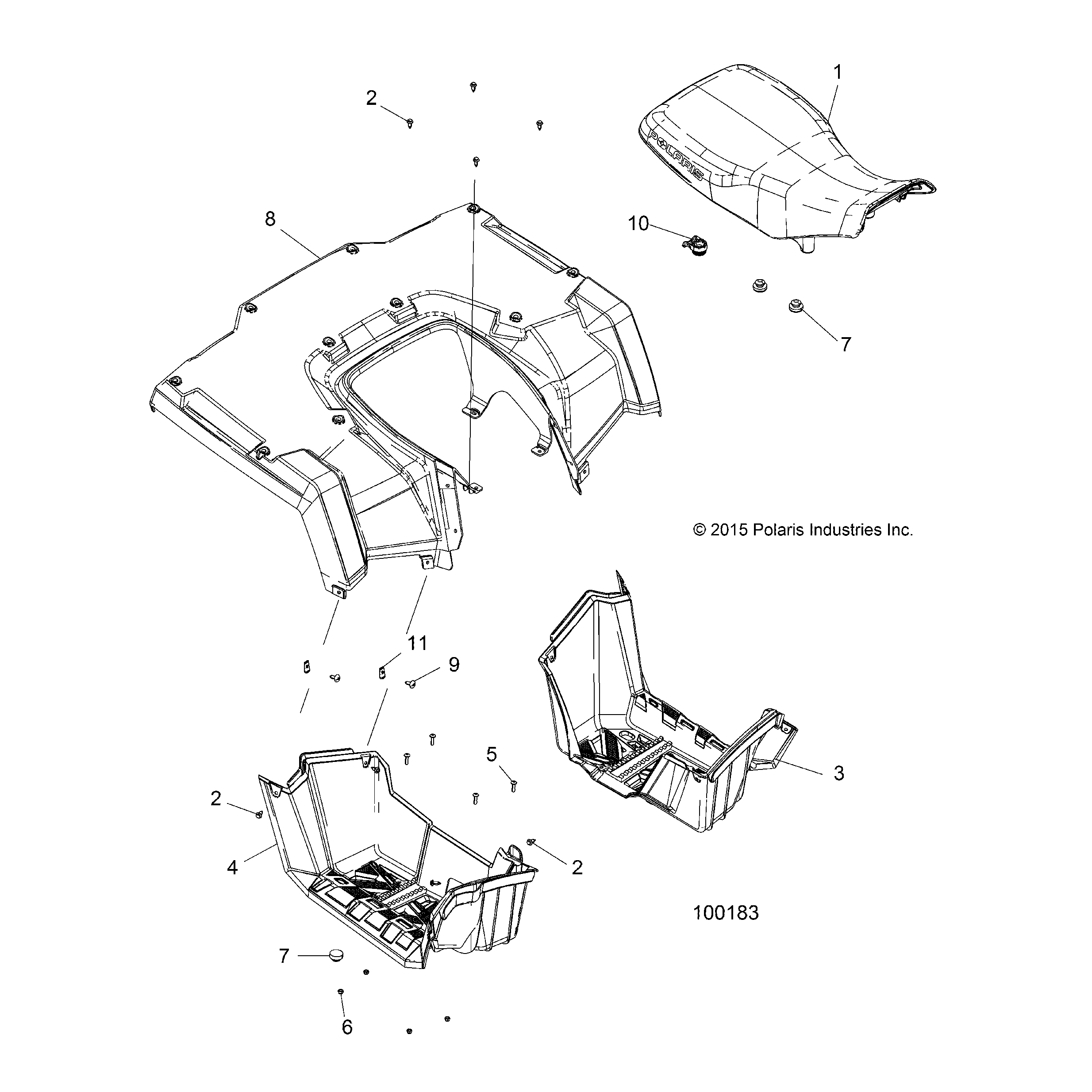 An Image of a Genuine Polaris Parts Schematic Diagram showing the schematic - BODY: REAR CAB SEAT and FOOTWELLS - 2020 POLARIS SPORTSMAN 570 HUNTER EDITION