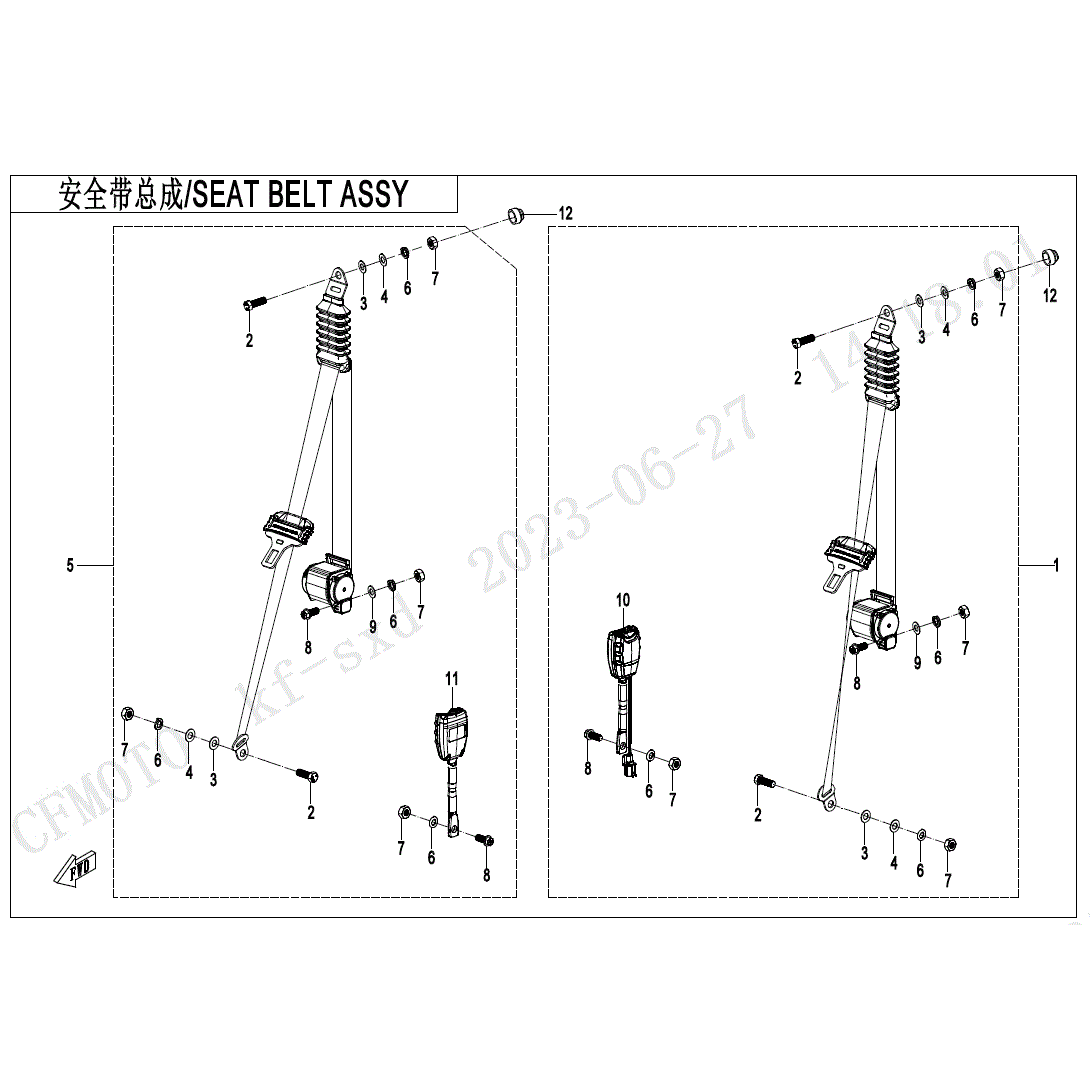 Technical diagram displaying labeled parts of the RH Buckle Assembly by CF Moto, including retractor, belt, buckle, and mounting hardware with OEM part numbers. Bilingual Chinese and English text at top. Sourced from Witchdoctors.com.