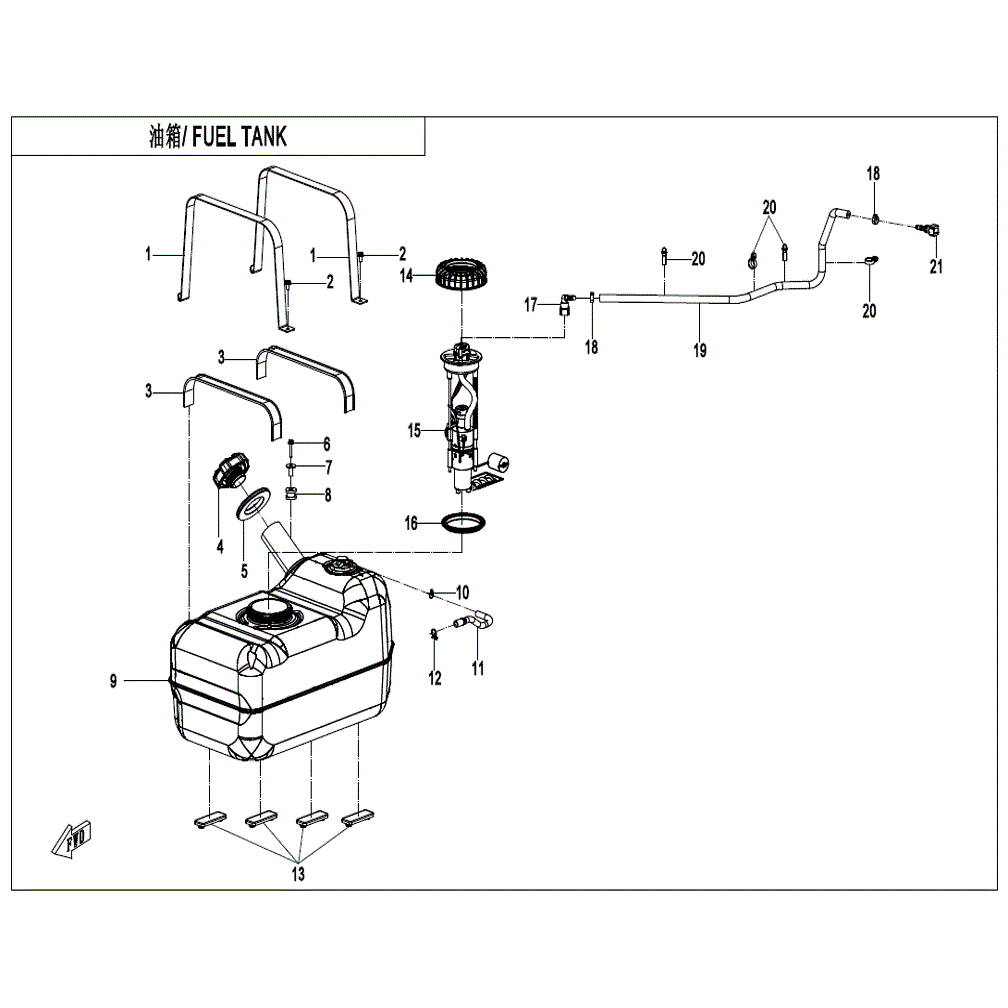 An Image of a Genuine CFMOTO Parts Schematic Diagram showing the schematic - FUEL TANK - 2021 CFMOTO UFORCE 600