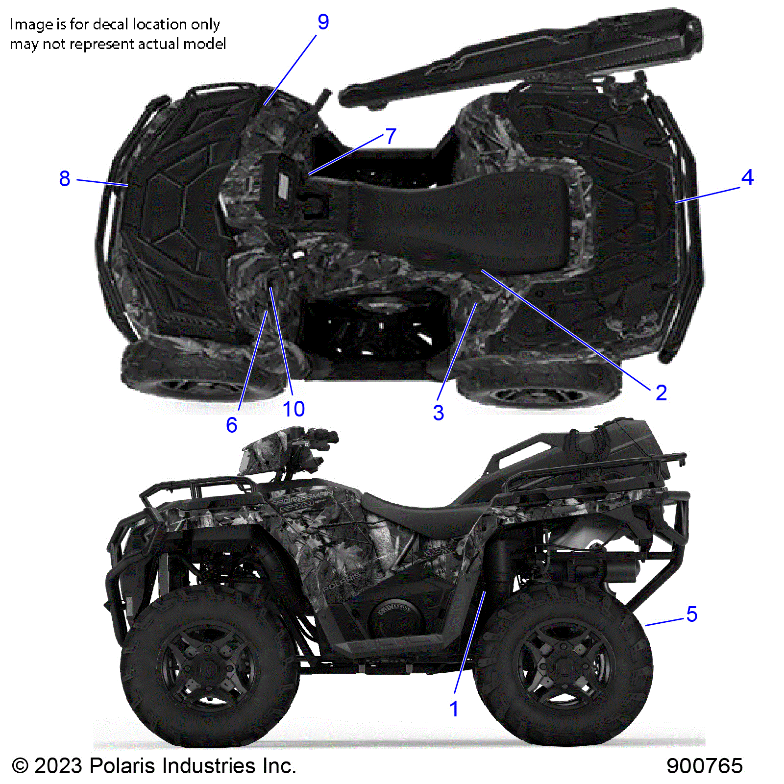 An Image of a Genuine Polaris Parts Schematic Diagram showing the schematic - BODY: DECALS STANDARD - 2024 POLARIS SPORTSMAN 570 HUNTER EDITION