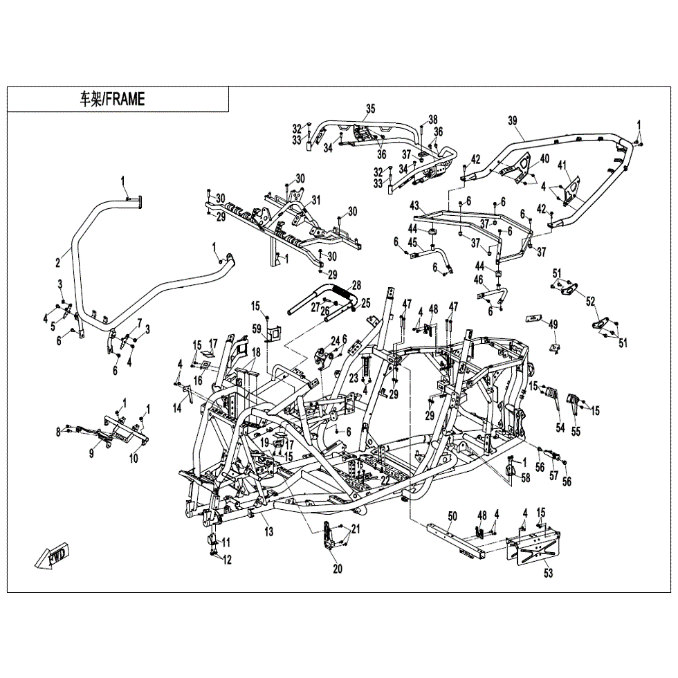 An Image of a Genuine CFMOTO Parts Schematic Diagram showing the schematic - FRAME - 2022 CFMOTO ZFORCE 950 Sport