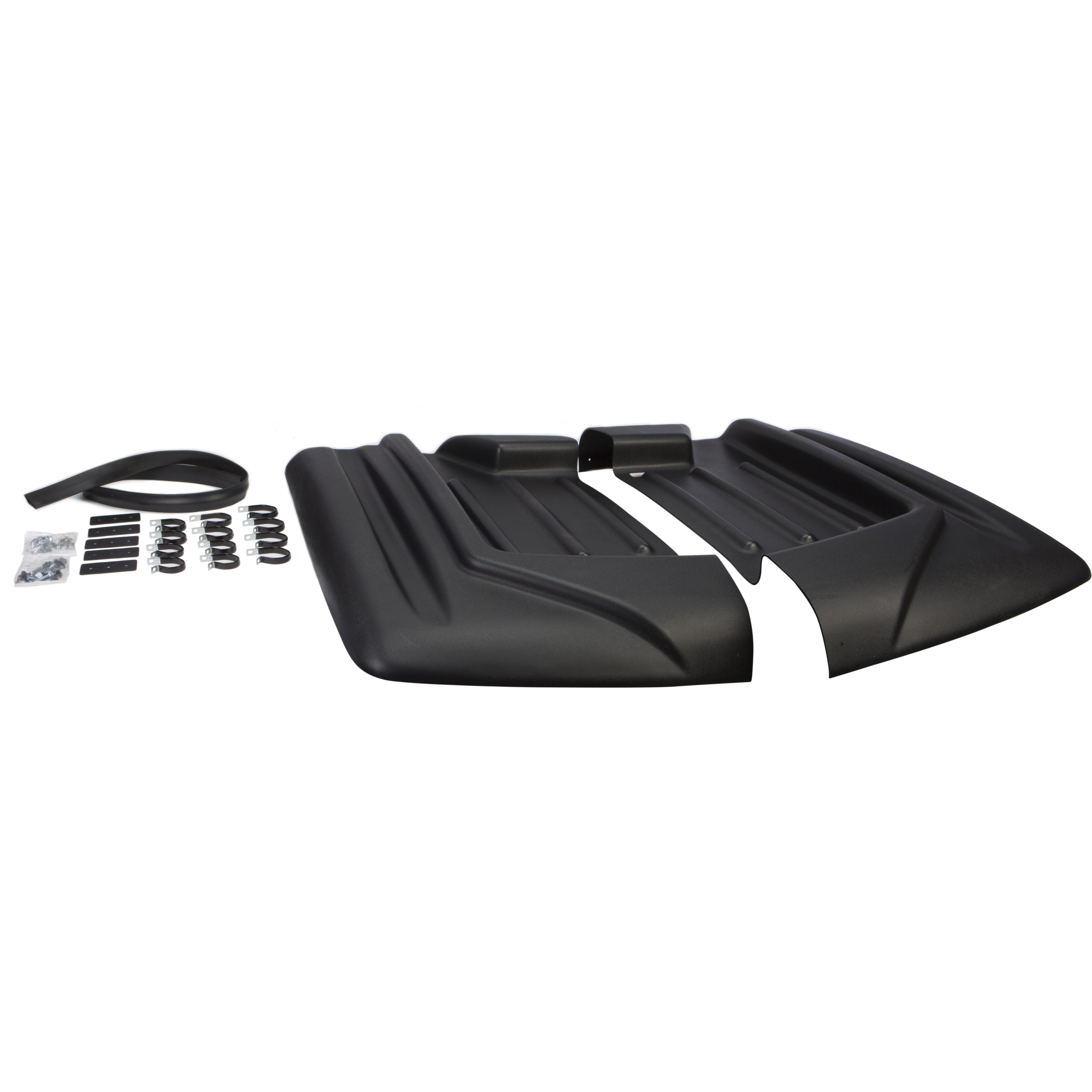 The UTV Universal Molded Roof by Open Trail, made of black molded HDPE plastic with UV resistance, includes mounting hardware and steel clamps, and is shown with rubber trim on a white background.