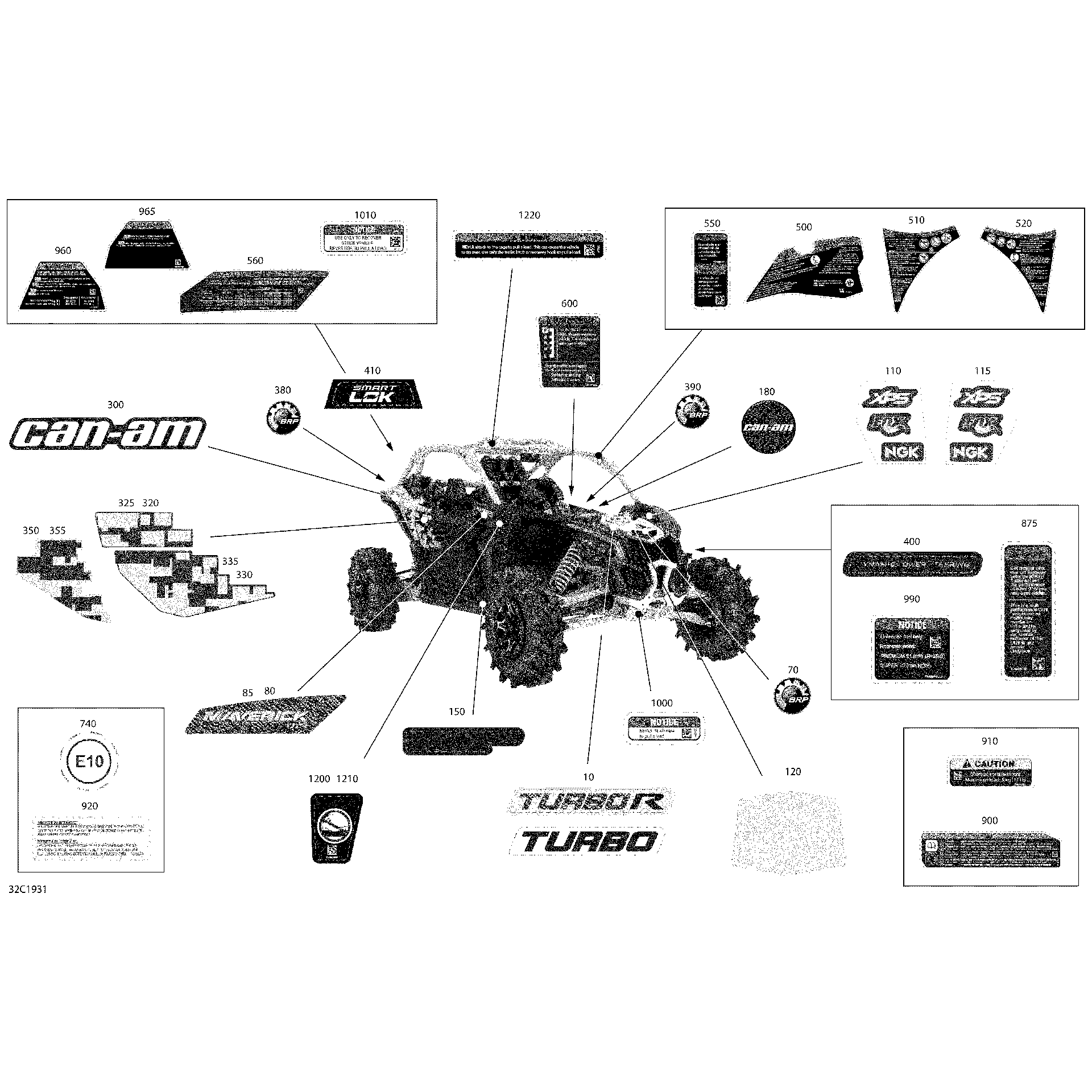 An Image of a Genuine Can-Am Parts Schematic Diagram showing the schematic - DECALS - TURBO R - PACKAGE X MR - NORTH AMERICA