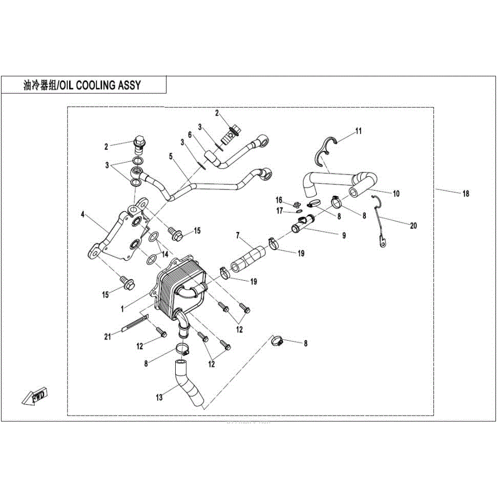 An Image of a Genuine CFMOTO Parts Schematic Diagram showing the schematic - OIL COOLING SYSTEM - 2022 CFMOTO ZFORCE 950 Sport