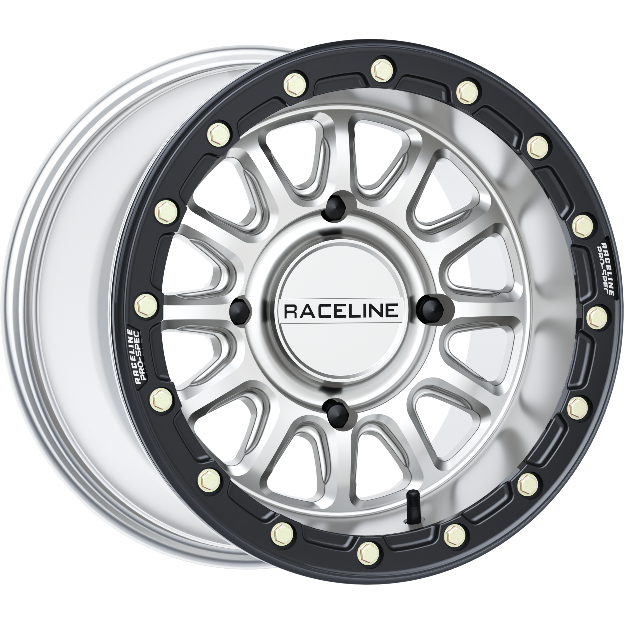 15x10 Raceline Alpha Hyper ATV wheel in hyper silver with black beadlock ring and circular bolts.