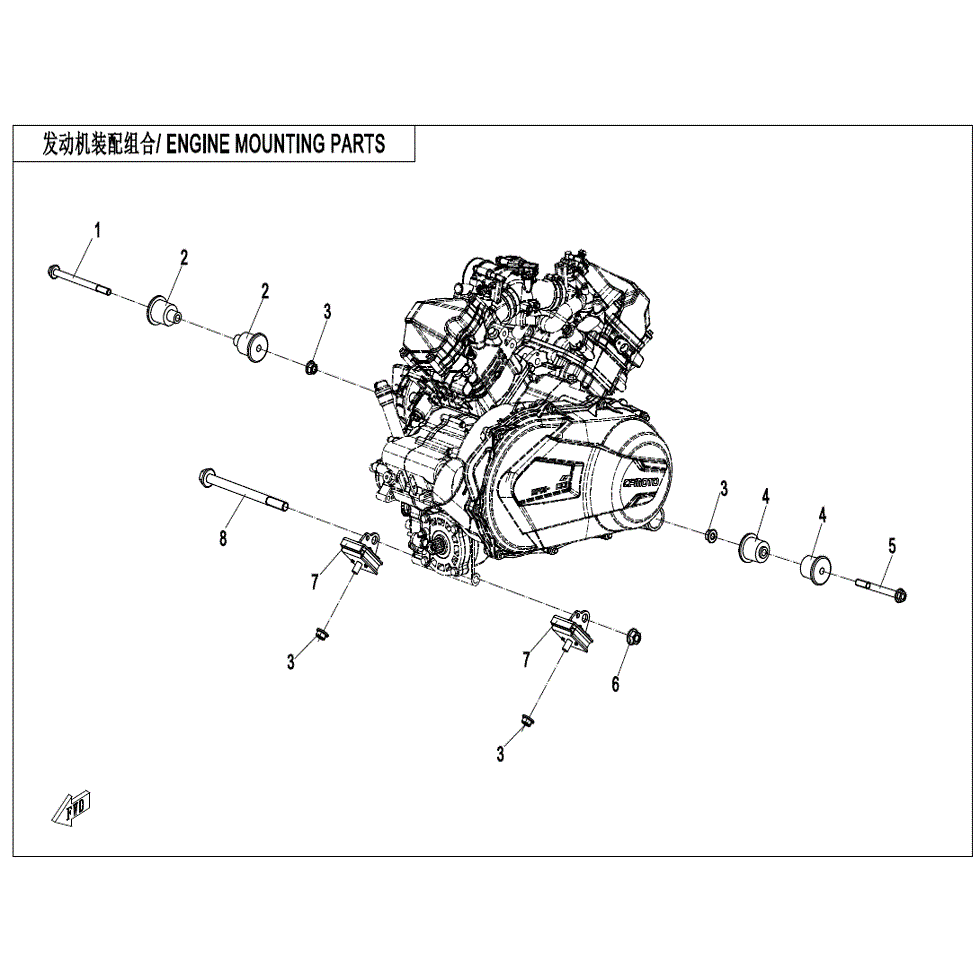 An Image of a Genuine CFMOTO Parts Schematic Diagram showing the schematic - ENGINE MOUNTING PARTS - 2022 CFMOTO ZFORCE 950 Sport