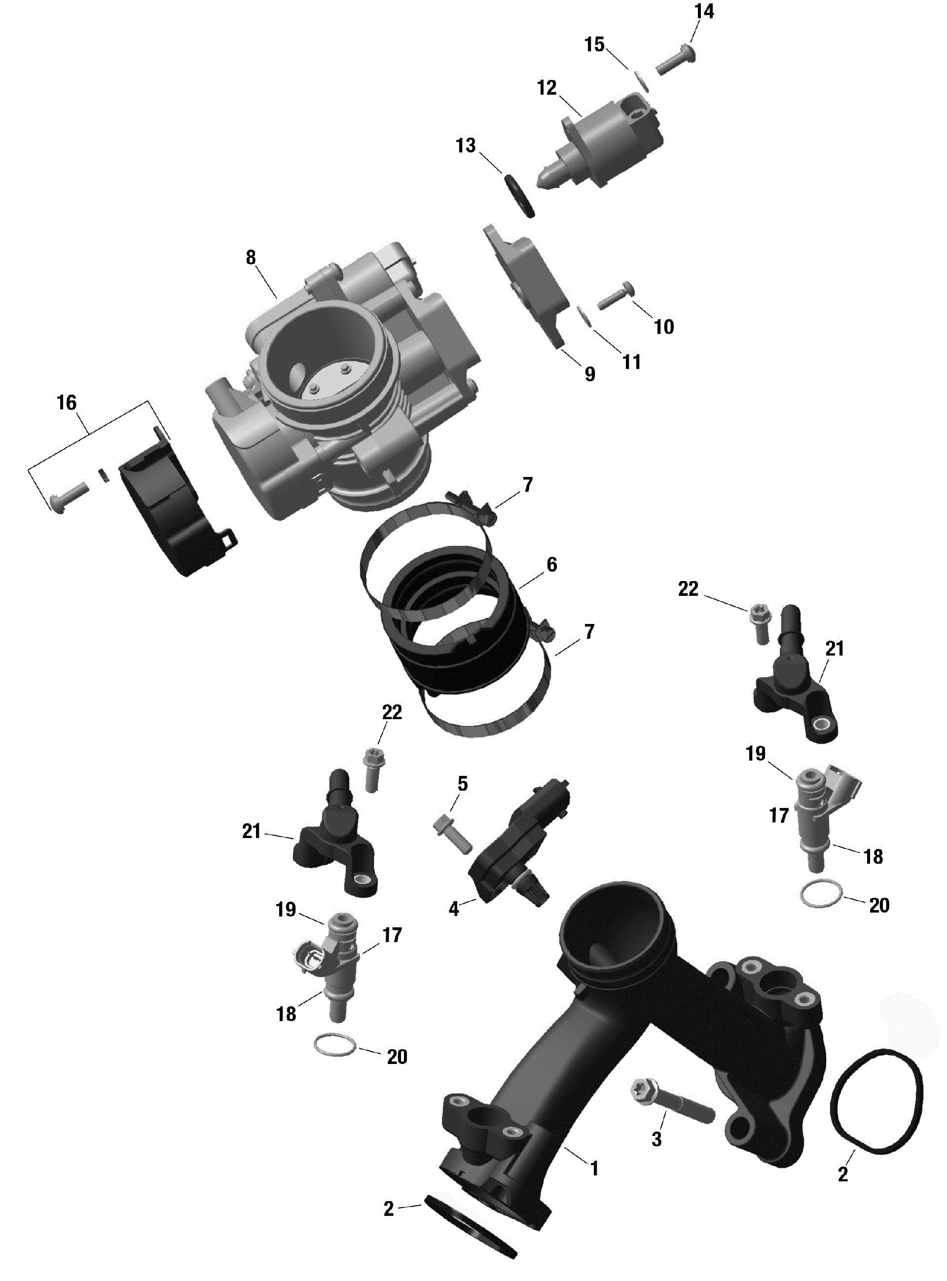An Image of a Genuine Can-Am Parts Schematic Diagram showing the schematic - ROTAX - AIR INTAKE MANIFOLD AND THROTTLE BODY