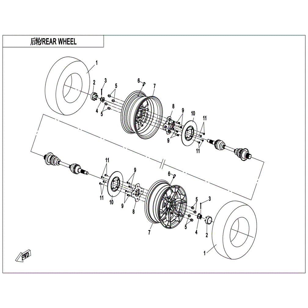 An Image of a genuine CFMOTO Parts Schematic Diagram showing the group - REAR WHEEL - 2022 CFMOTO CFORCE 800 XC