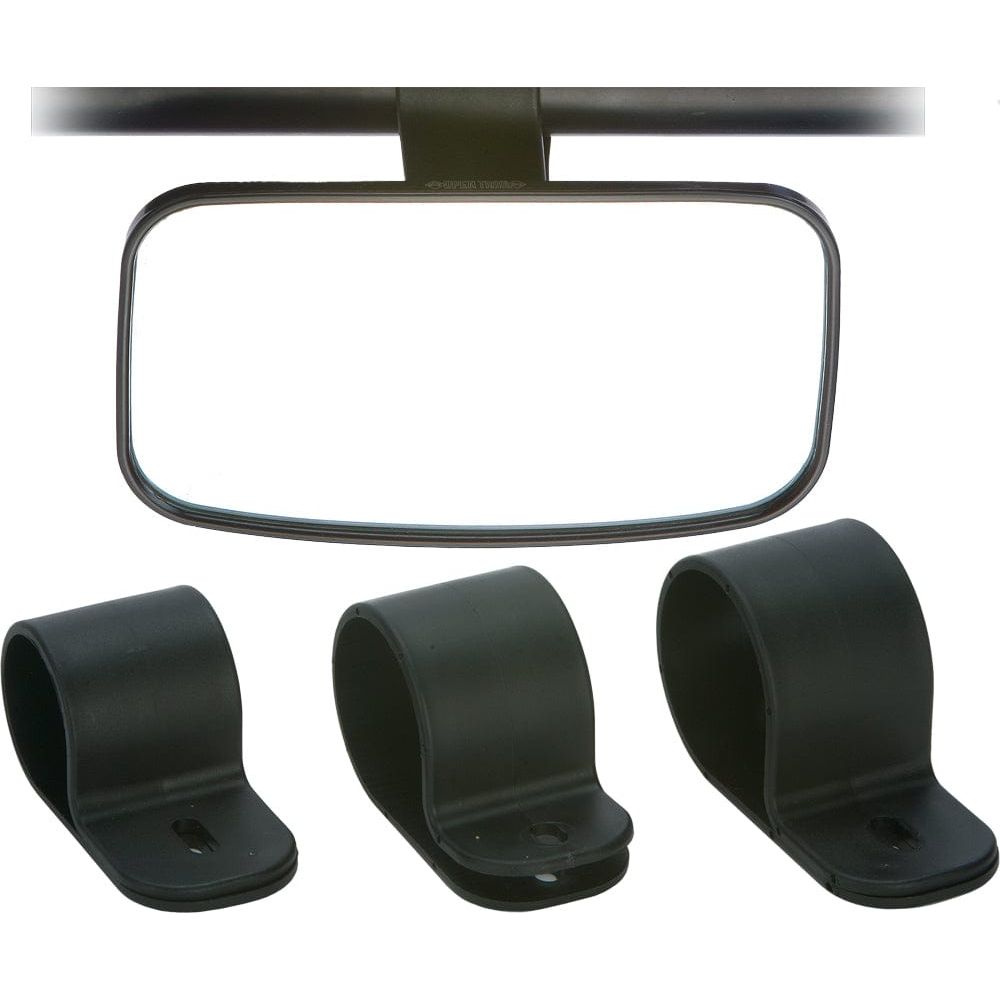 The Side/Interior Mirror 4.5 x 8 by Open Trail features a rectangular shape with a black frame and comes with three black plastic mounting clamps for secure attachment.