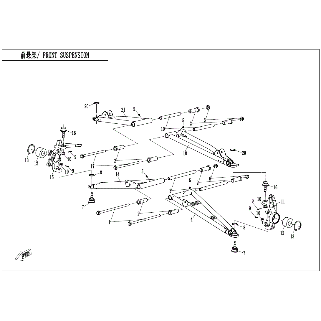 An Image of a Genuine CFMOTO Parts Schematic Diagram showing the schematic - FRONT SUSPENSION - 2023 CFMOTO ZFORCE 950 HO EX