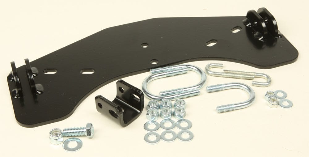 The Honda Foreman TRX500 Provantage Center Snow Plow Mounting Kit by Warn includes a black metal bracket with multiple holes, two U-bolts, washers, nuts, and an L-bracket—all arranged on a light surface.