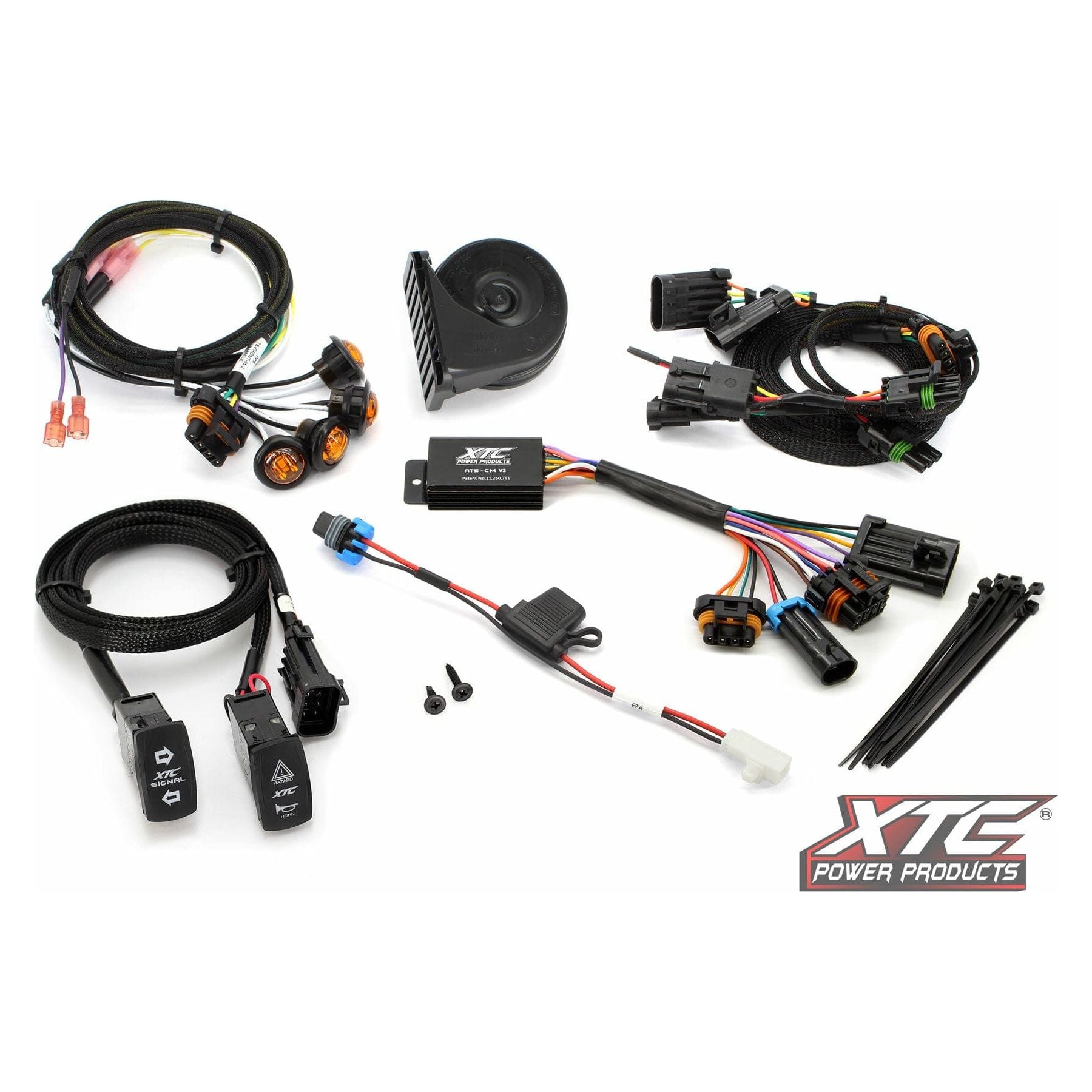 The Self Canceling Turn Signal Kit W/Horn Can by XTC Power is shown with wiring harnesses, switches, connectors, a black horn, zip ties, and screws on a white surface featuring the XTC Power Products logo in the bottom right corner.