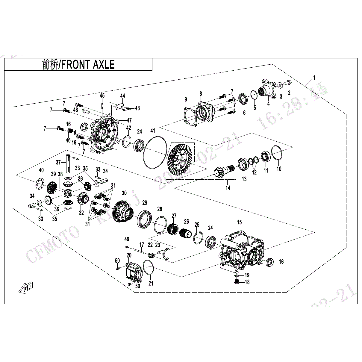 An Image of a Genuine CFMOTO Parts Schematic Diagram showing the schematic - FRONT AXLE - 2024 CFMOTO ZFORCE 950
