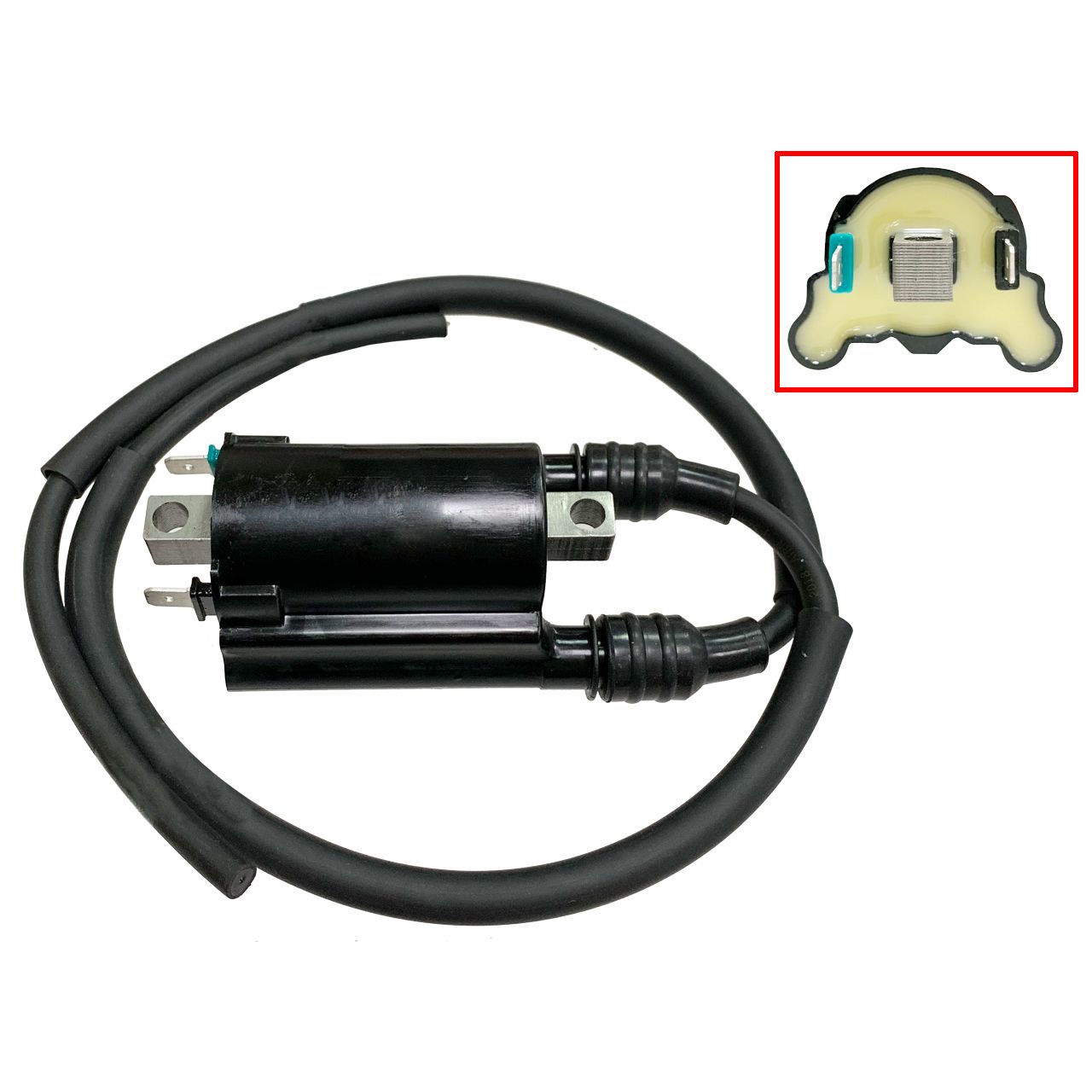 A Honda Rincon/Pioneer 700 Ignition Coil by Bronco, black with cables and terminals, is shown on a white background. An inset at the top right displays its internal creamy insulation—part of Broncos dependable ATV component lineup.