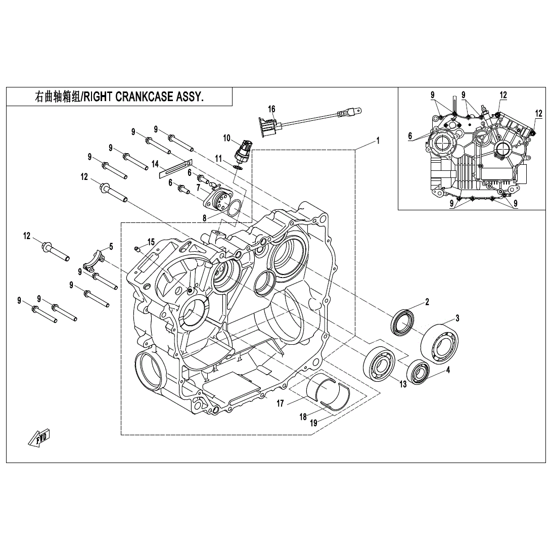 An Image of a Genuine CFMOTO Parts Schematic Diagram showing the schematic - RIGHT CRANKCASE ASSY - 2020 CFMOTO UFORCE 500