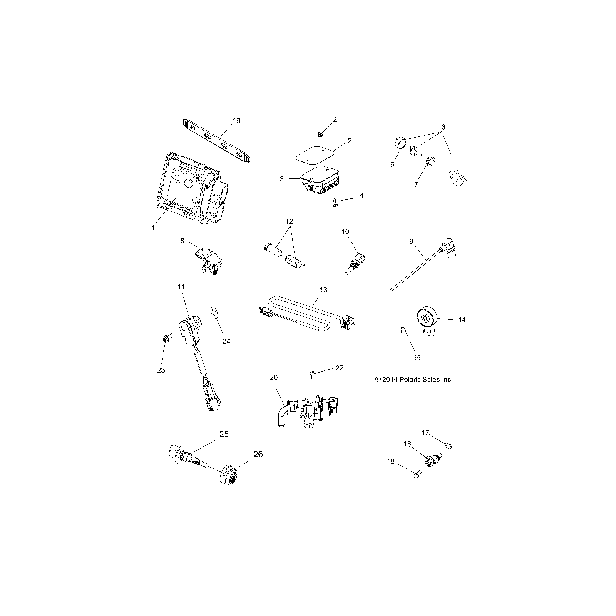 An Image of a Genuine Polaris Parts Schematic Diagram showing the schematic - ELECTRICAL: SWITCHES SENSORS ECU and CONTROL MODULES - 2016 POLARIS SCRAMBLER 850