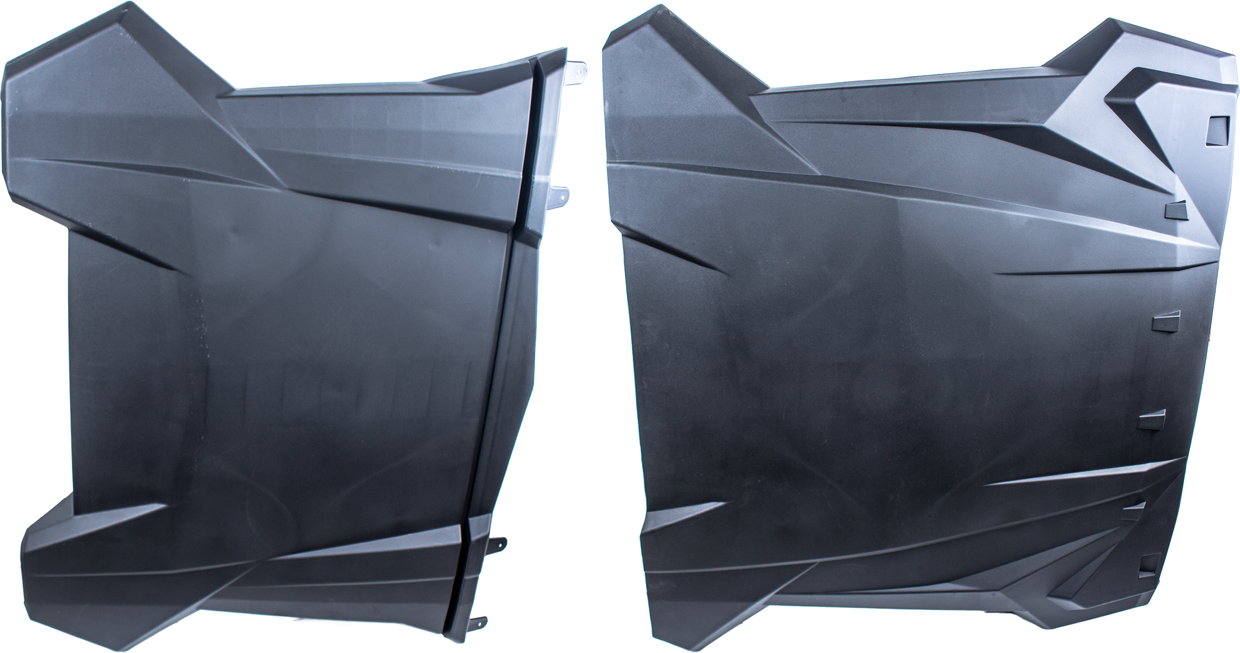 The Can-Am Defender Rear Framed Soft Doors by Seizmik are shown side by side against a white background, featuring black frames with angular patterns, designed for quick installation on hard roof doors.