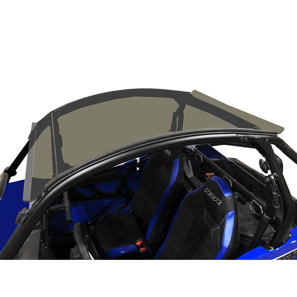 A Polaris Tinted Roof by Spike is shown from above and slightly to the side on a white background, installed on a blue and black off-road vehicle with two bucket seats, an OEM aftermarket windshield, and watertight seal.