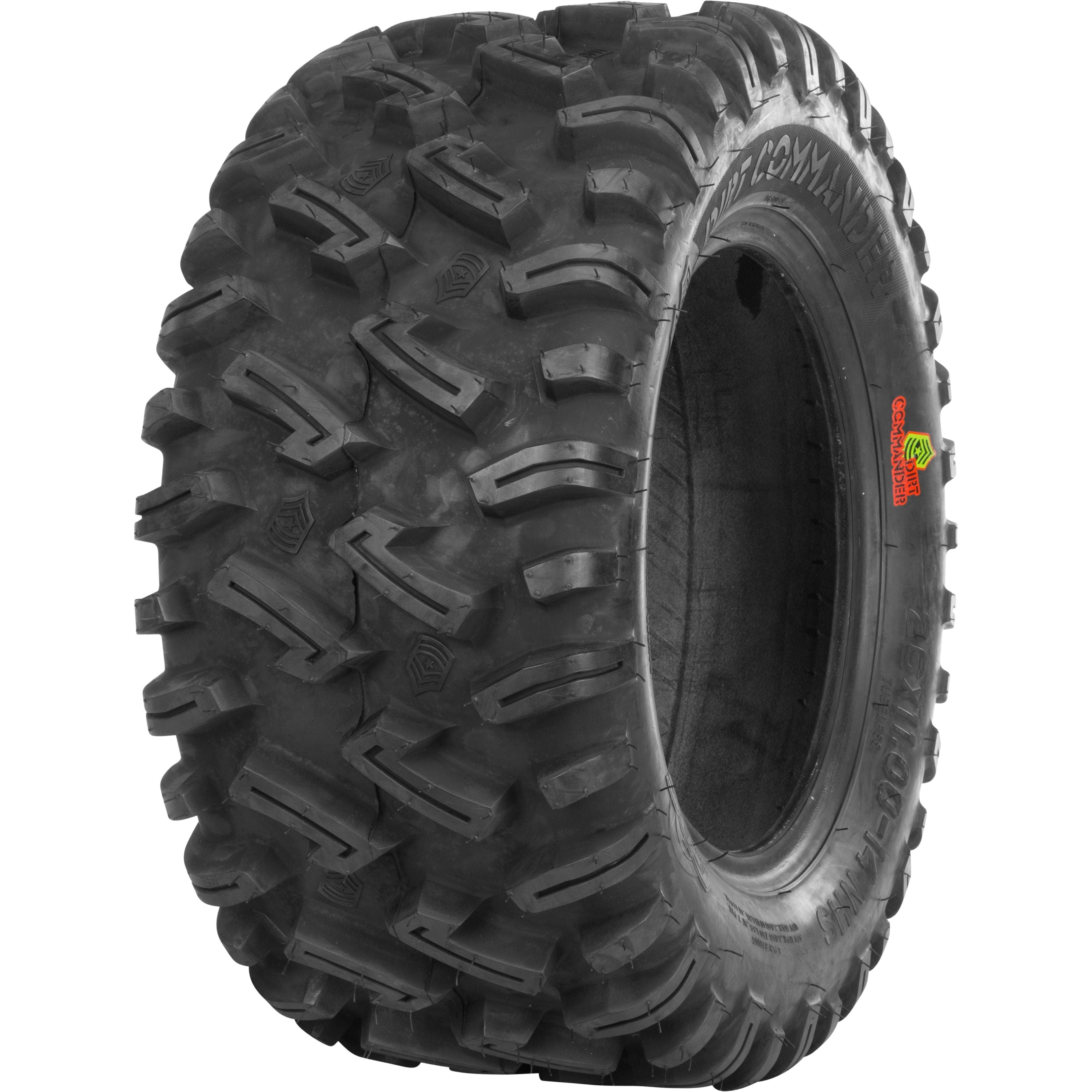 The Tire Dirt Commander Rear 26X11-14 Bias Lr1045Lbs by GBC is a large, rugged off-road tire with deep siped treads for superior traction, black finish, raised lettering, small colored sidewall logo, and built for tough terrain.