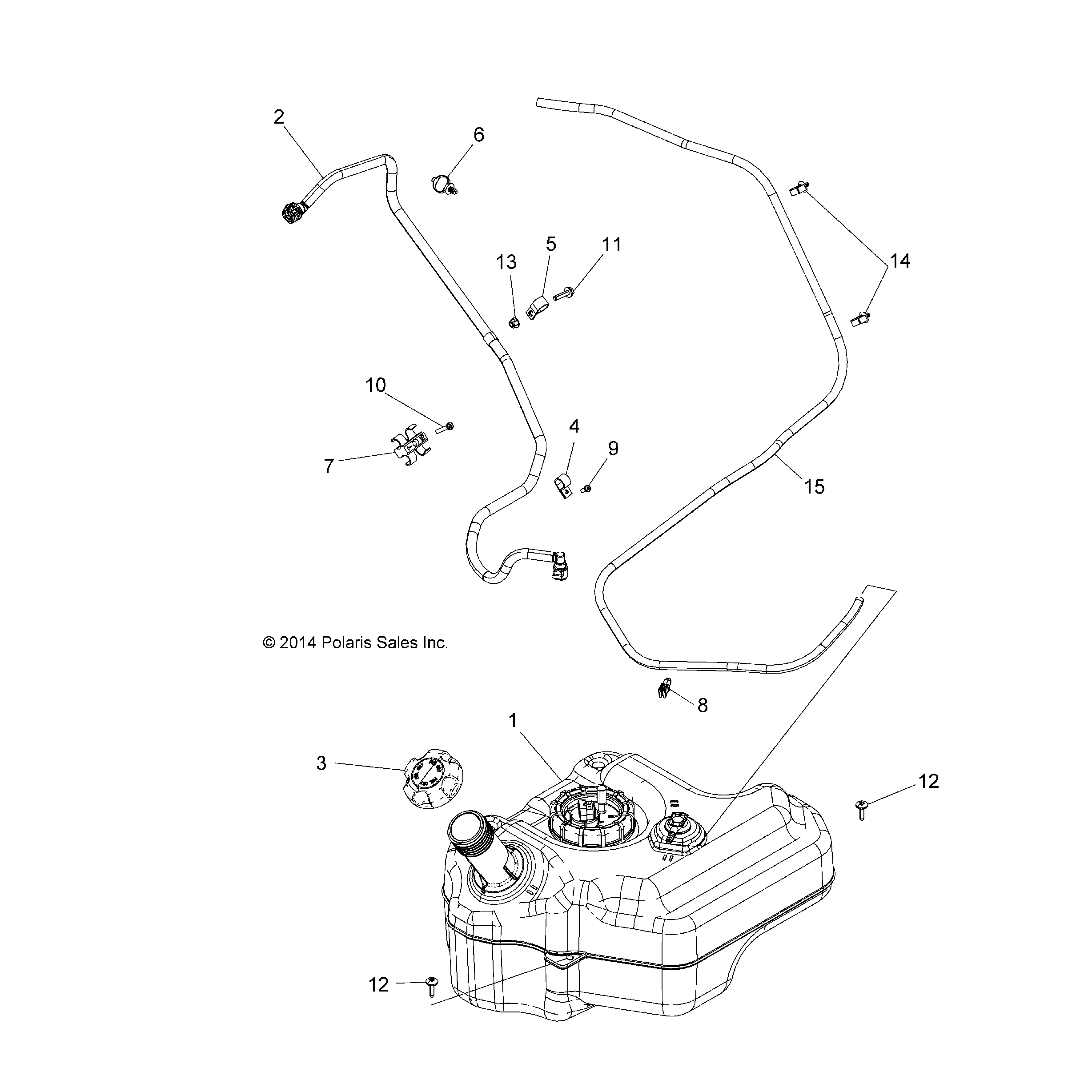 An Image of a Genuine Polaris Parts Schematic Diagram showing the schematic - BODY: FUEL TANK - 2015 POLARIS SPORTSMAN ACE 570 EFI