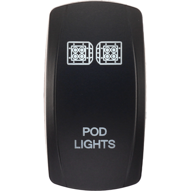 The Dash Switch Rocker Face Pod Lights by XTC Power is a black rectangular switch featuring two pod light icons at the top and “POD LIGHTS” printed in white near the bottom.