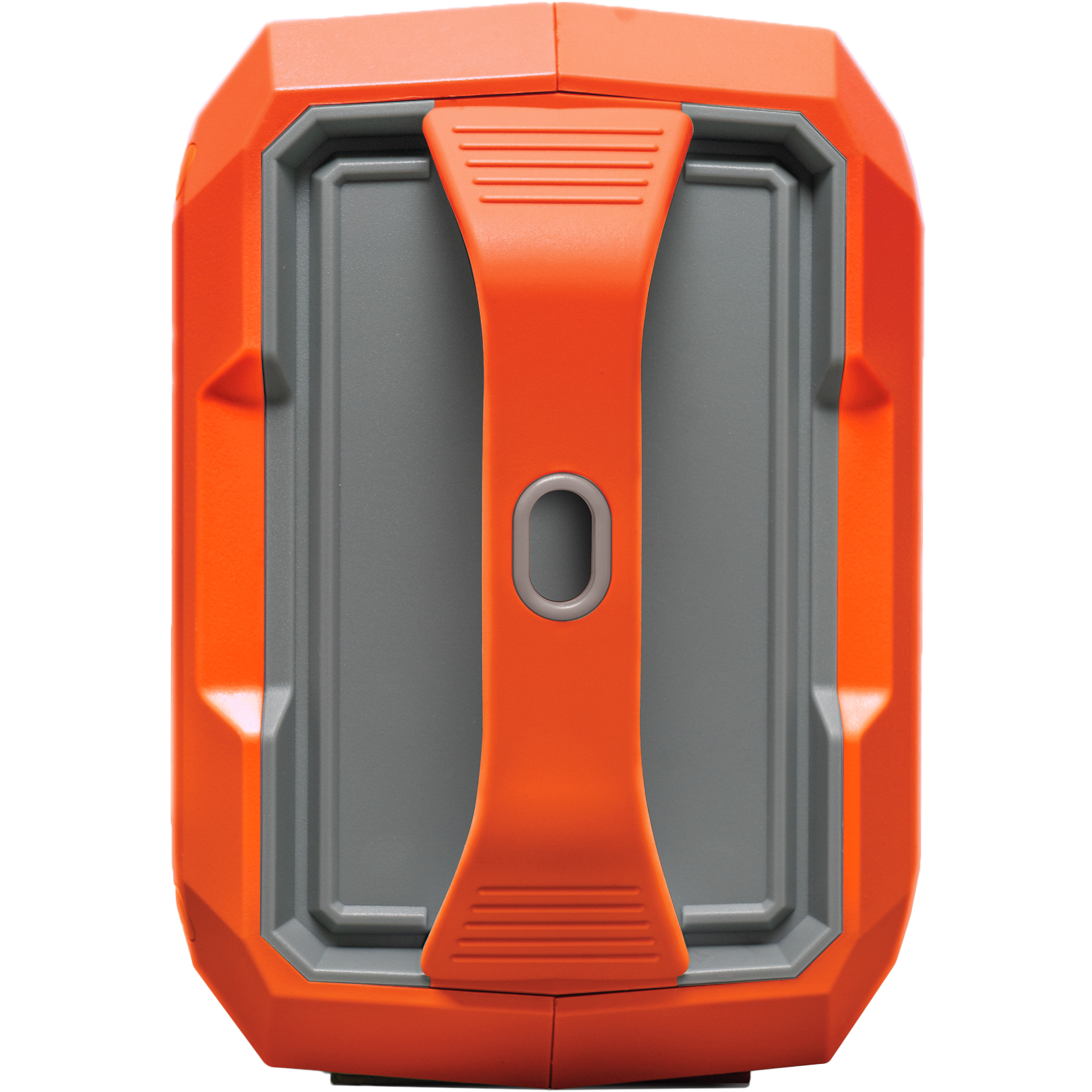Top view of the Defender Portable Blaze Orange Speaker by EcoXGear—a rugged rectangular design in orange and gray with a wide central handle and textured grip, built for reliable wireless performance in any environment.