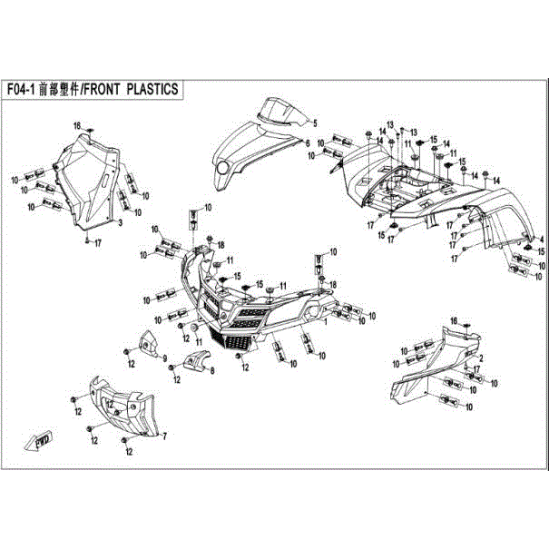 An Image of a genuine CFMOTO Parts Schematic Diagram showing the group - PLASTIC PARTS I - 2016 CFMOTO CFORCE 400