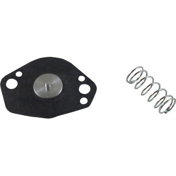 The Yamaha - Kawasaki - Suzuki Air Cut Off Valve Kit by Shindy includes a small black diaphragm with a metal center and multiple holes, plus a coiled metal spring—essential carburetor components shown on a white background.
